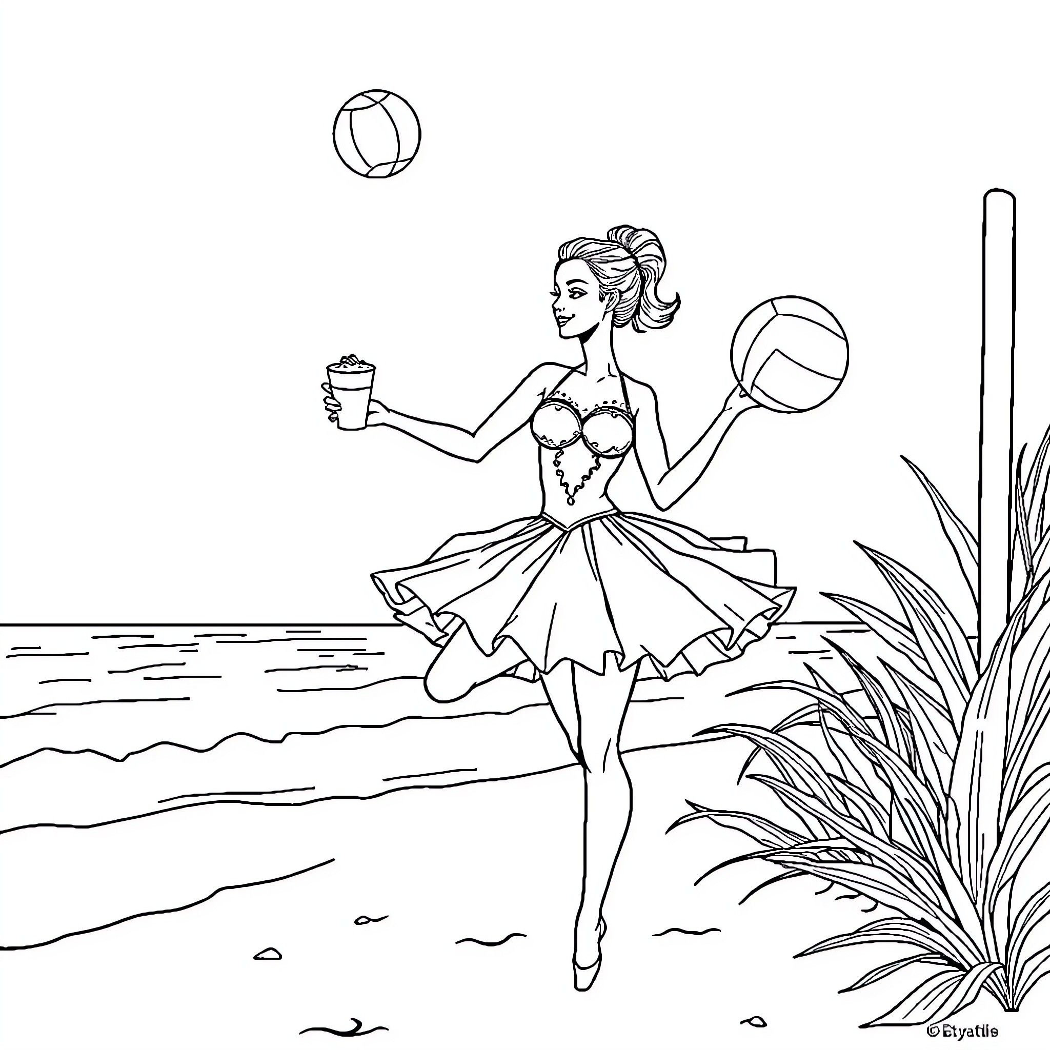 Ballerina performing on the beach with beach ball Coloring Page (free black-and-white line drawing printable PDF for all, from beginners to advanced learners, including children, teens, adults, and seniors)