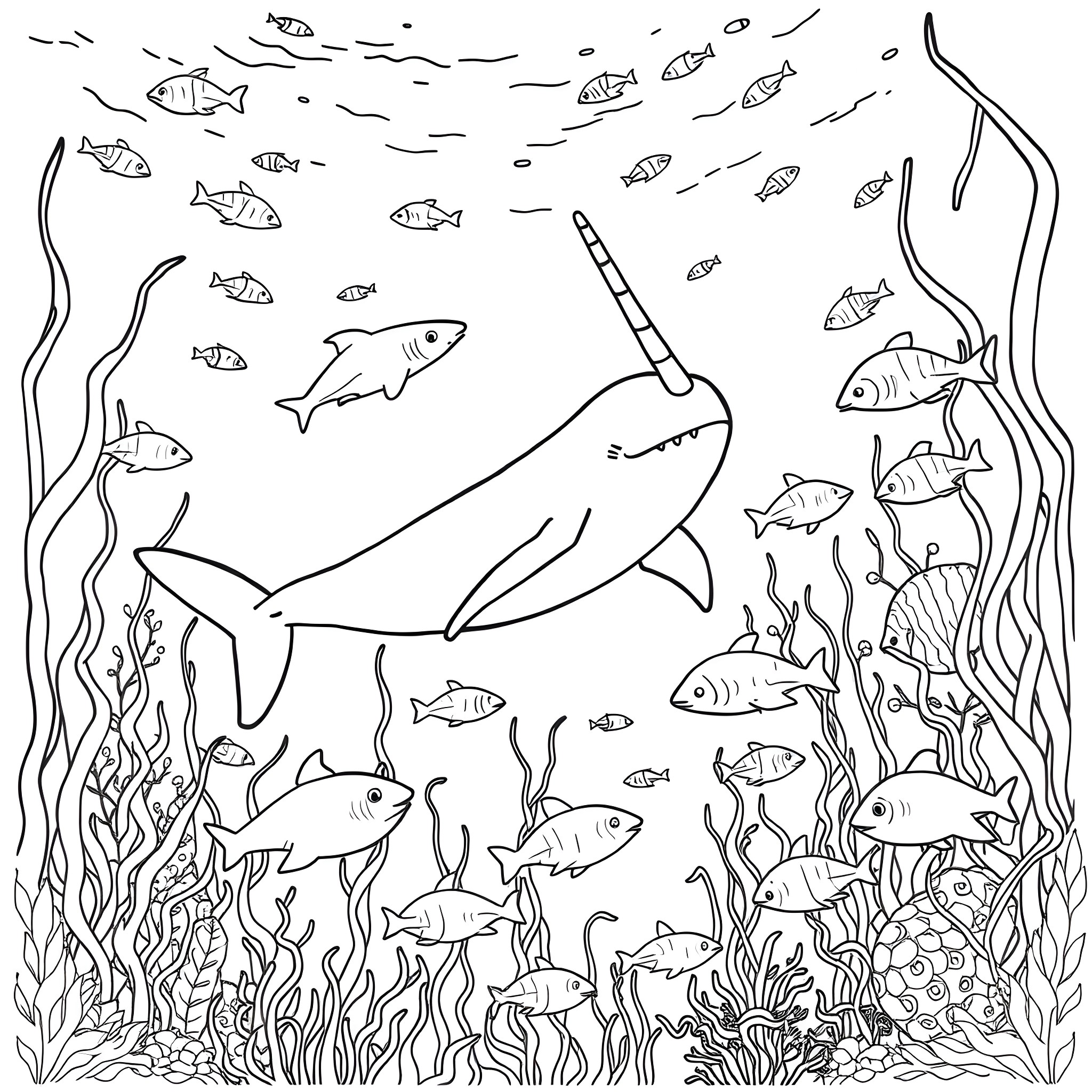 Narwhal Swimming Amidst Diverse Marine Life Coloring Page (free black-and-white line drawing printable PDF for all, from beginners to advanced learners, including children, teens, adults, and seniors)