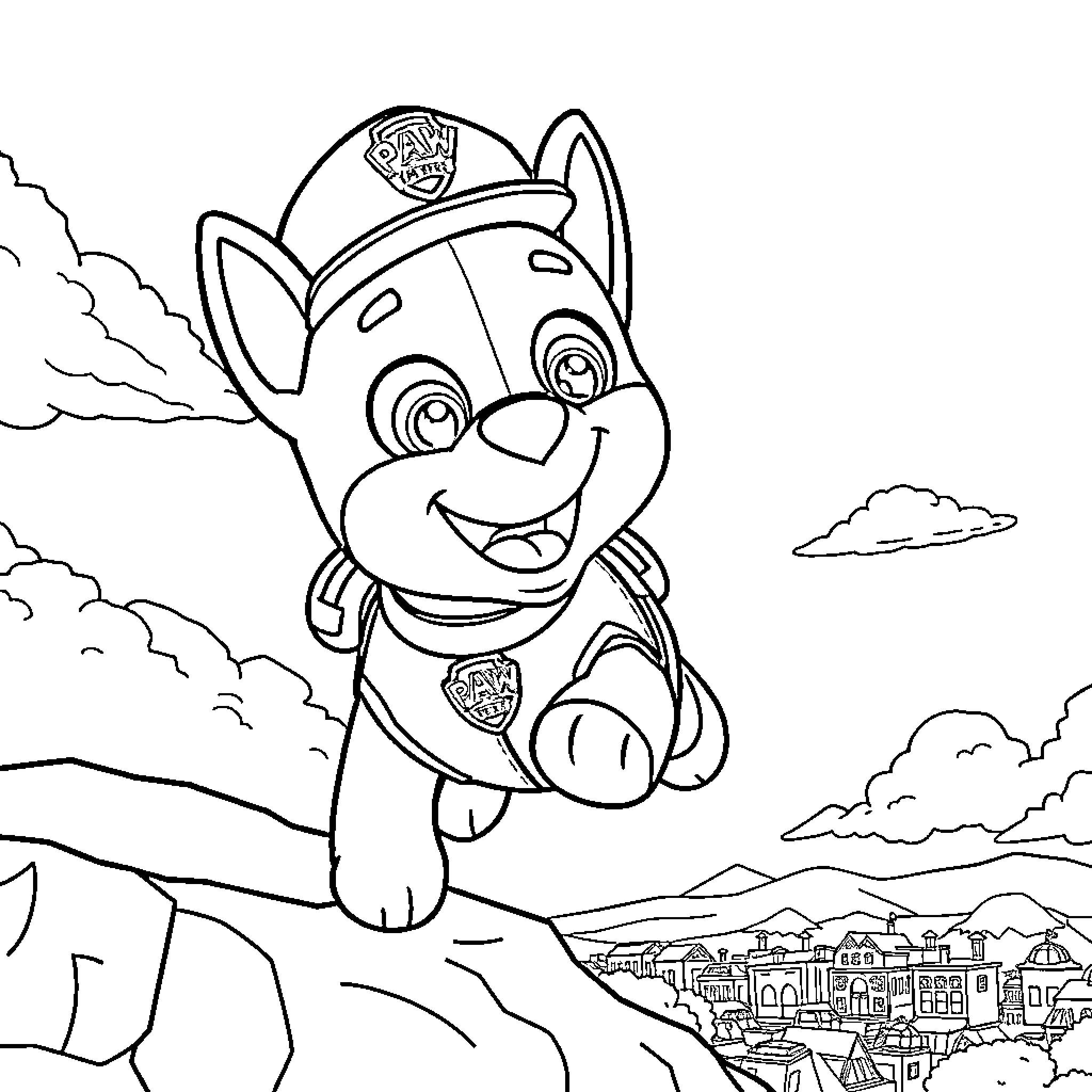 Paw Patrol Puppy Exploring the Cityscape Coloring Page (free black-and-white line drawing printable PDF for all, from beginners to advanced learners, including children, teens, adults, and seniors)