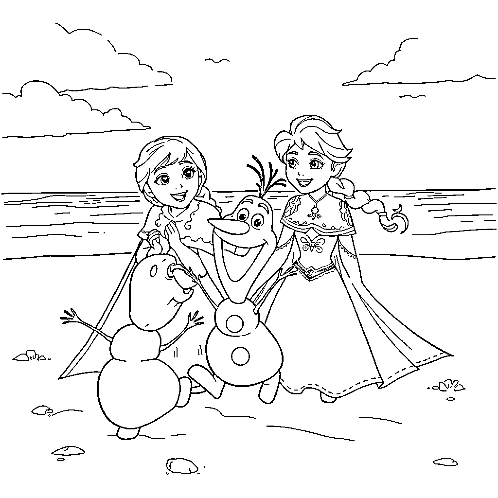 Anna and Elsa playing with Olaf on the beach Coloring Page (free black-and-white line drawing printable PDF for all, from beginners to advanced learners, including children, teens, adults, and seniors)