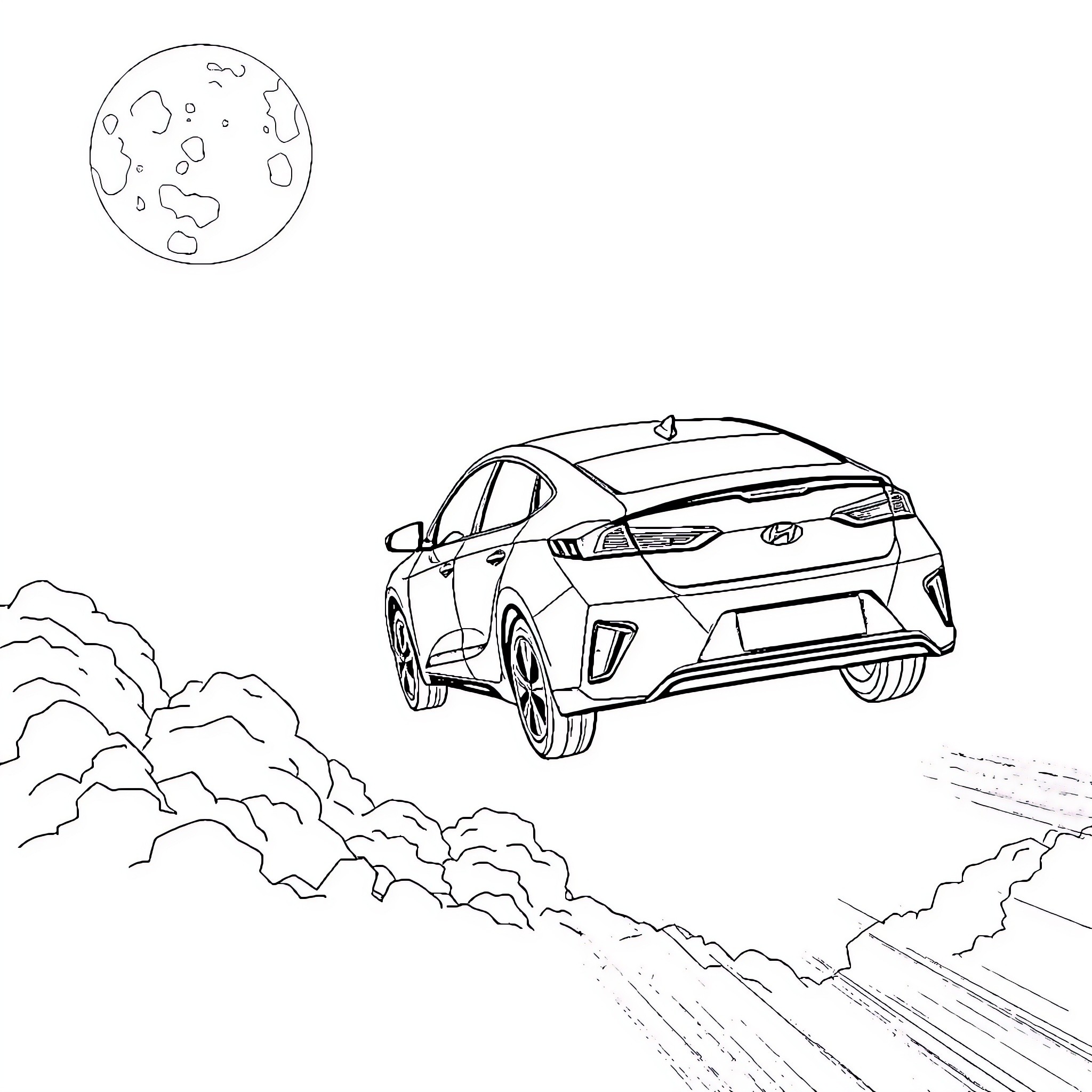 Hyundai Ioniq driving through starry night landscape Coloring Page (free black-and-white line drawing printable PDF for all, from beginners to advanced learners, including children, teens, adults, and seniors)