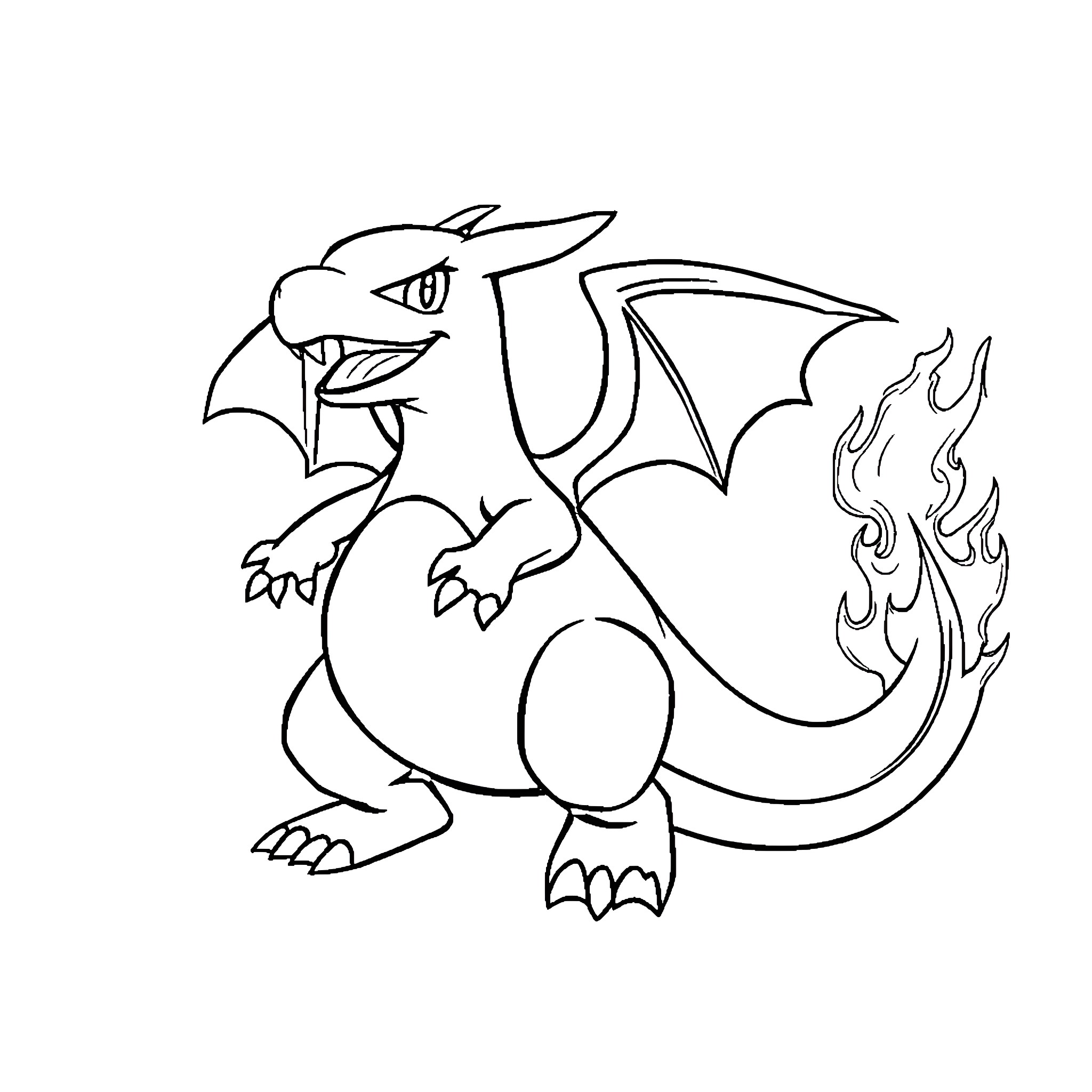 Charizard Breathing Powerful Flames Coloring Page (free black-and-white line drawing printable PDF for all, from beginners to advanced learners, including children, teens, adults, and seniors)