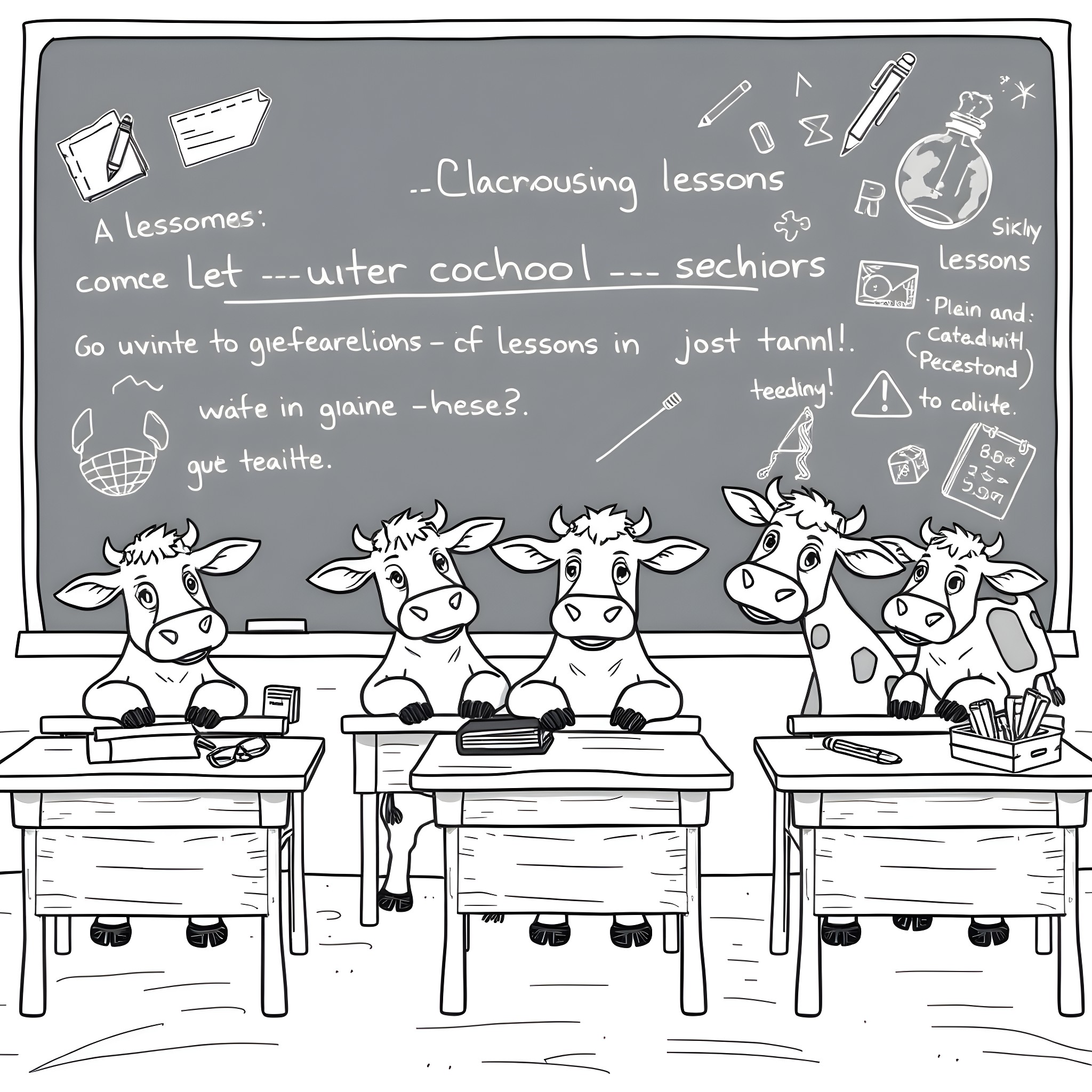 Cows attending classroom lessons Coloring Page (free black-and-white line drawing printable PDF for all, from beginners to advanced learners, including children, teens, adults, and seniors)