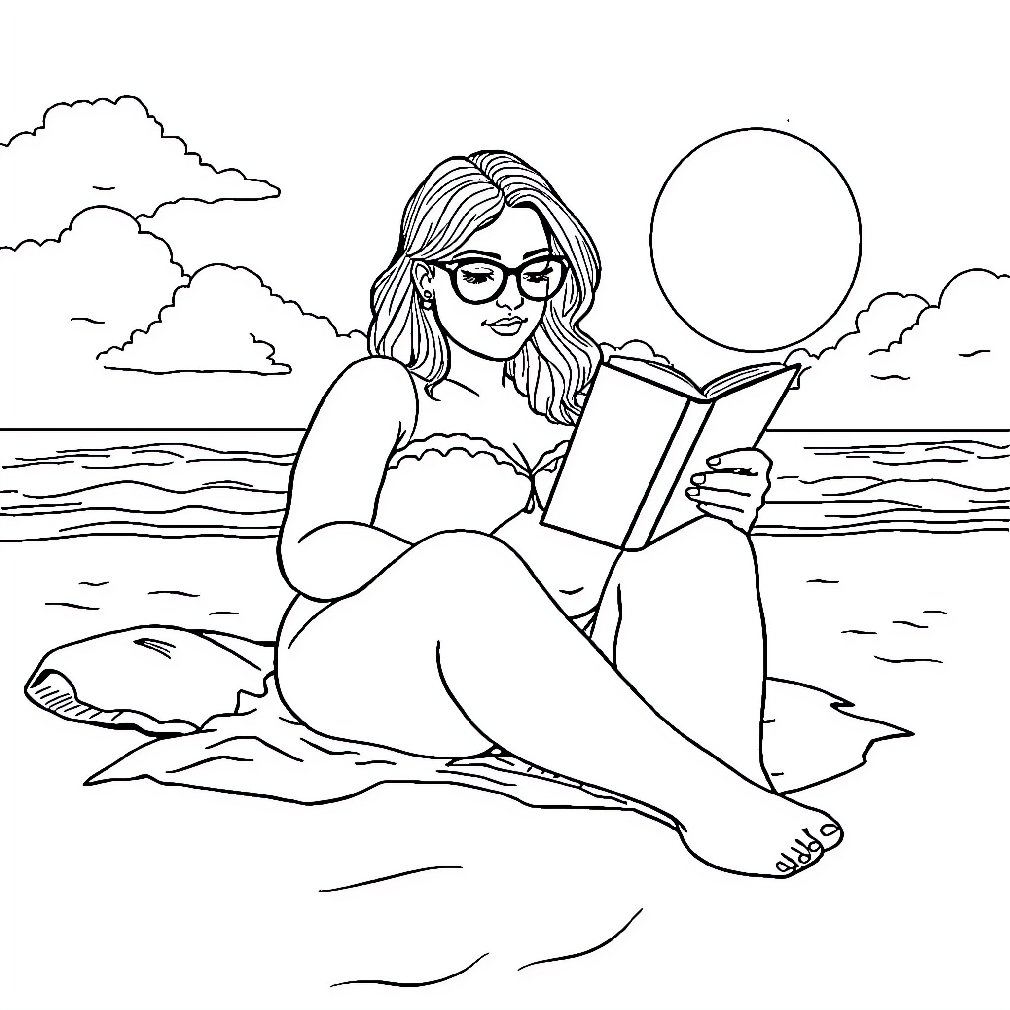 Ssbbw reading book peacefully on beach Coloring Page (free black-and-white line drawing printable PDF for all, from beginners to advanced learners, including children, teens, adults, and seniors)