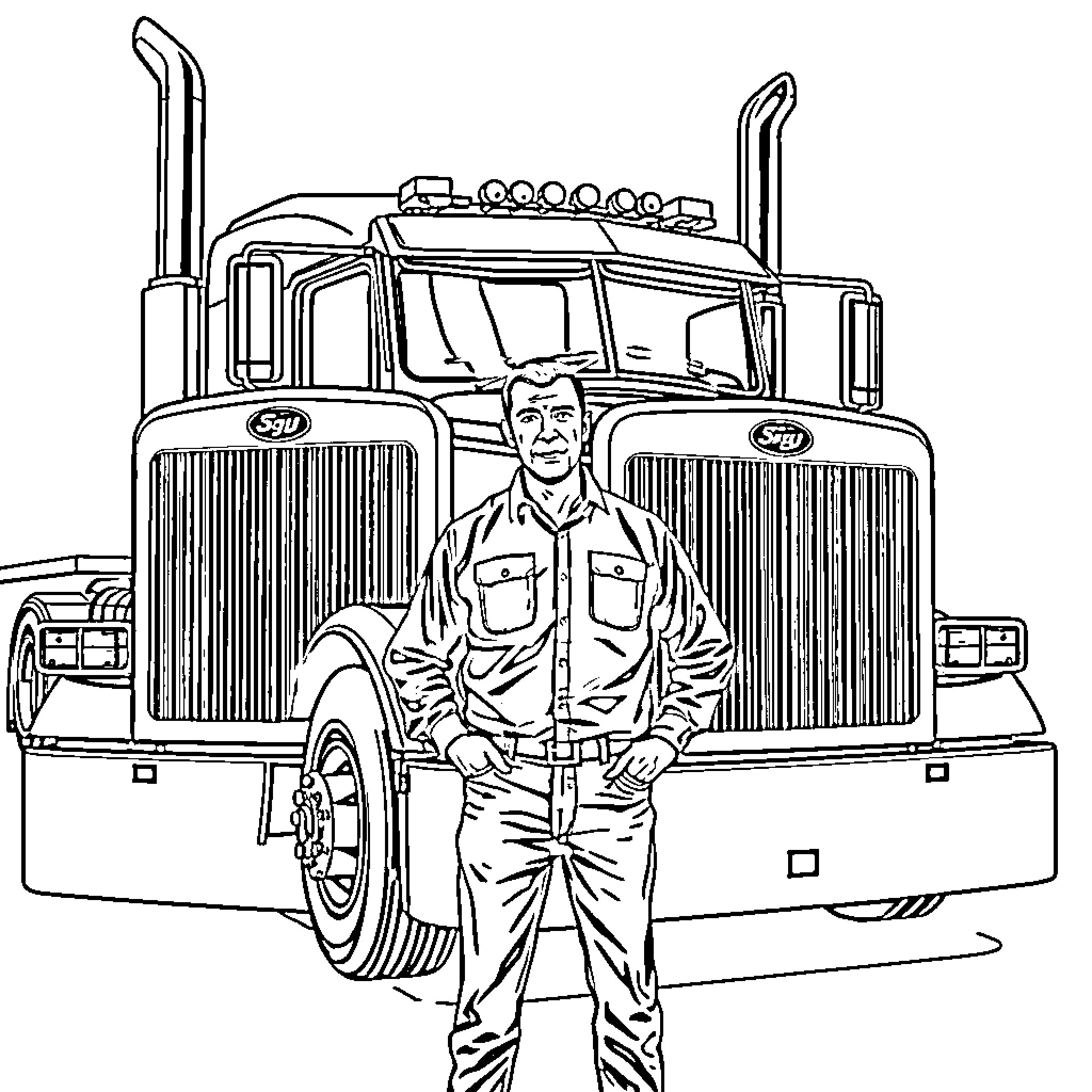 Man standing in front of a large semi-truck Coloring Page (free black-and-white line drawing printable PDF for all, from beginners to advanced learners, including children, teens, adults, and seniors)