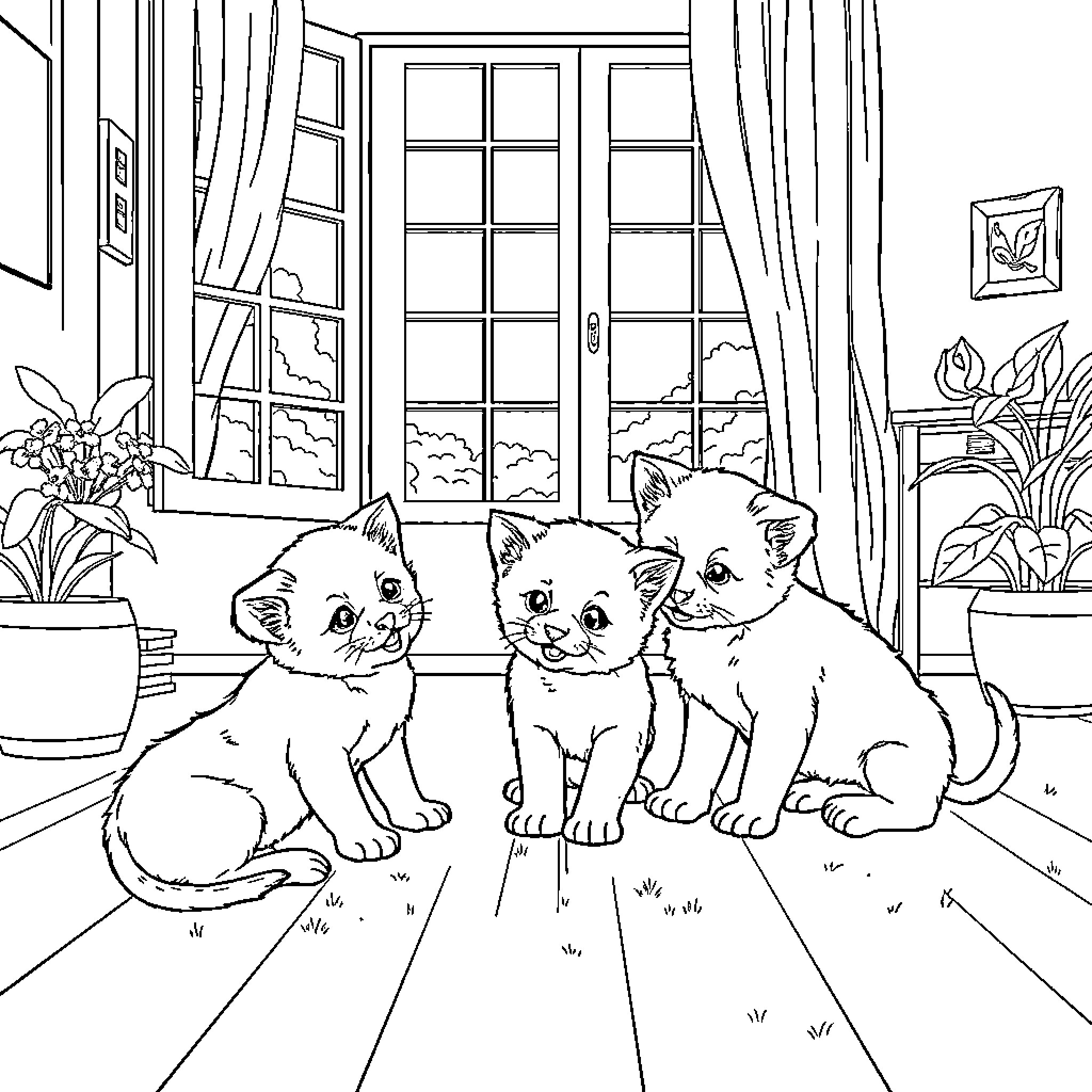 Kittens relaxing in a cozy indoor setting Coloring Page (free black-and-white line drawing printable PDF for all, from beginners to advanced learners, including children, teens, adults, and seniors)