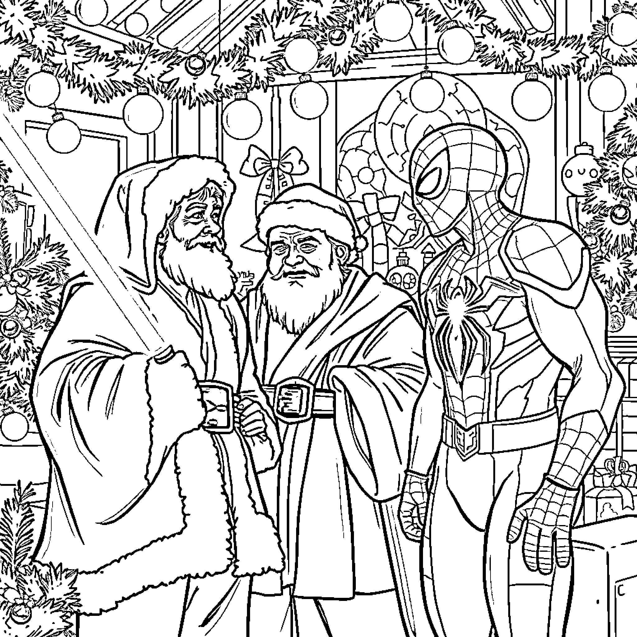 Santa and Marvel Superheroes Celebrate Christmas Coloring Page (free black-and-white line drawing printable PDF for all, from beginners to advanced learners, including children, teens, adults, and seniors)