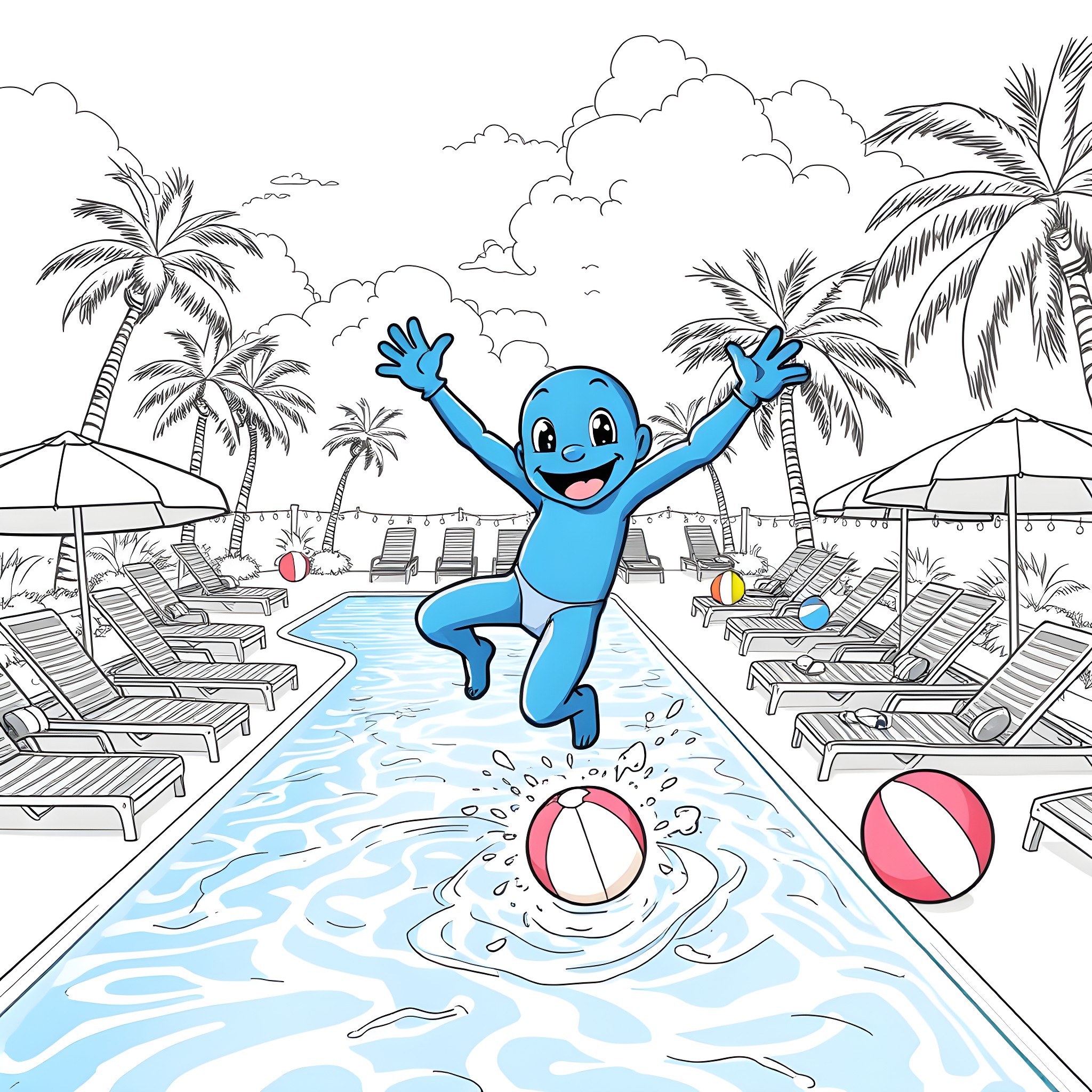 Bluey having fun at the beach Coloring Page (free black-and-white line drawing printable PDF for all, from beginners to advanced learners, including children, teens, adults, and seniors)
