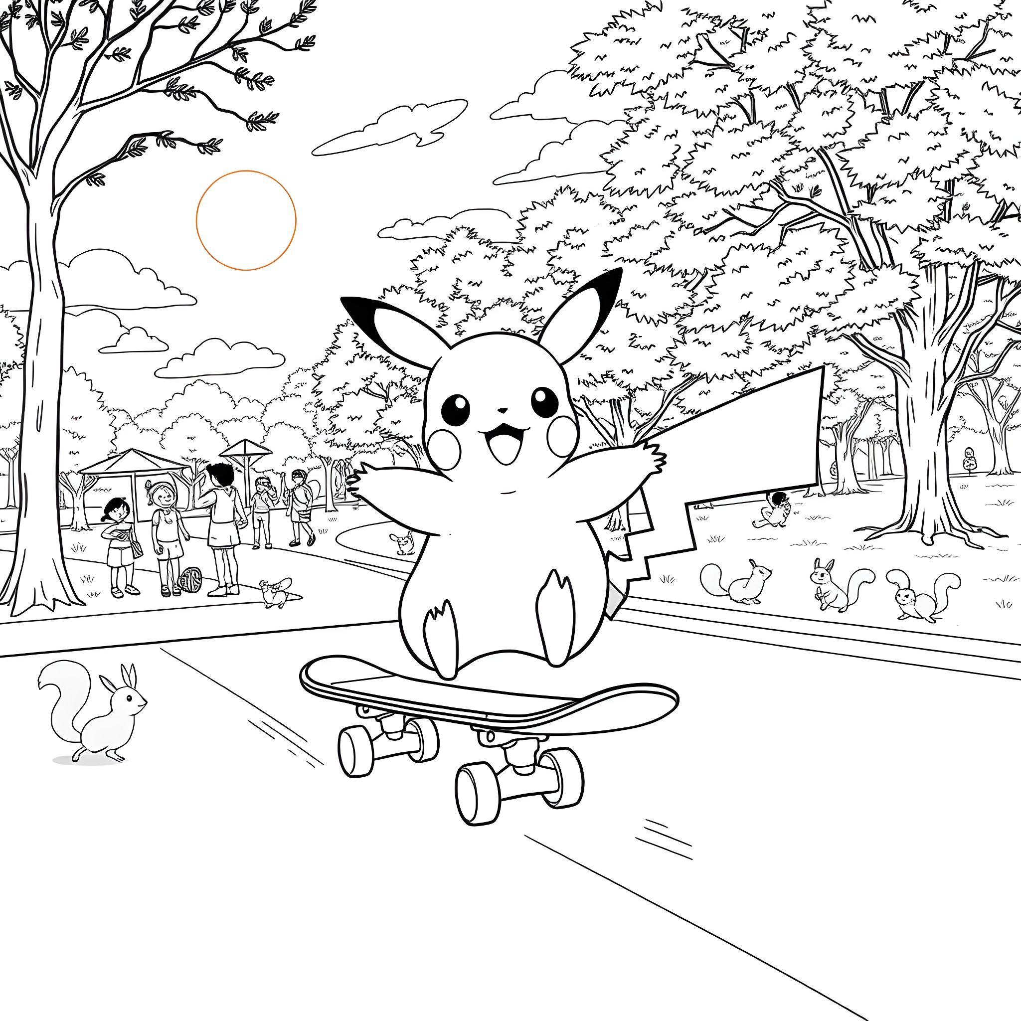 Pikachu skating joyfully in the park Coloring Page (free black-and-white line drawing printable PDF for all, from beginners to advanced learners, including children, teens, adults, and seniors)