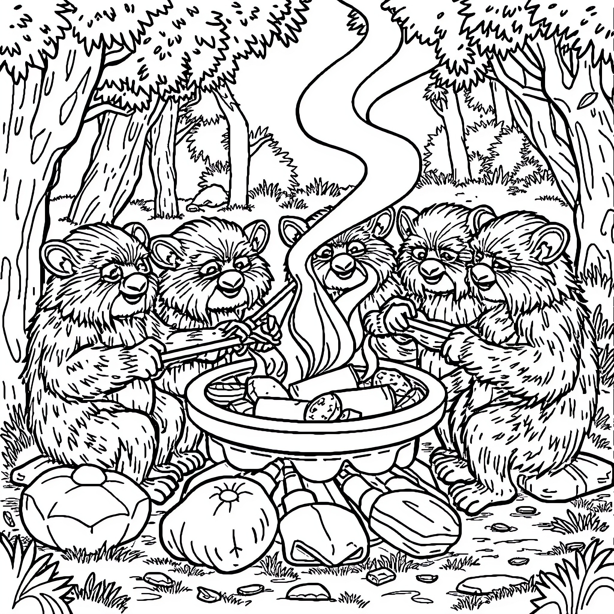 Ewok's Woodland Feast Coloring Page (free black-and-white line drawing printable PDF for all, from beginners to advanced learners, including children, teens, adults, and seniors)