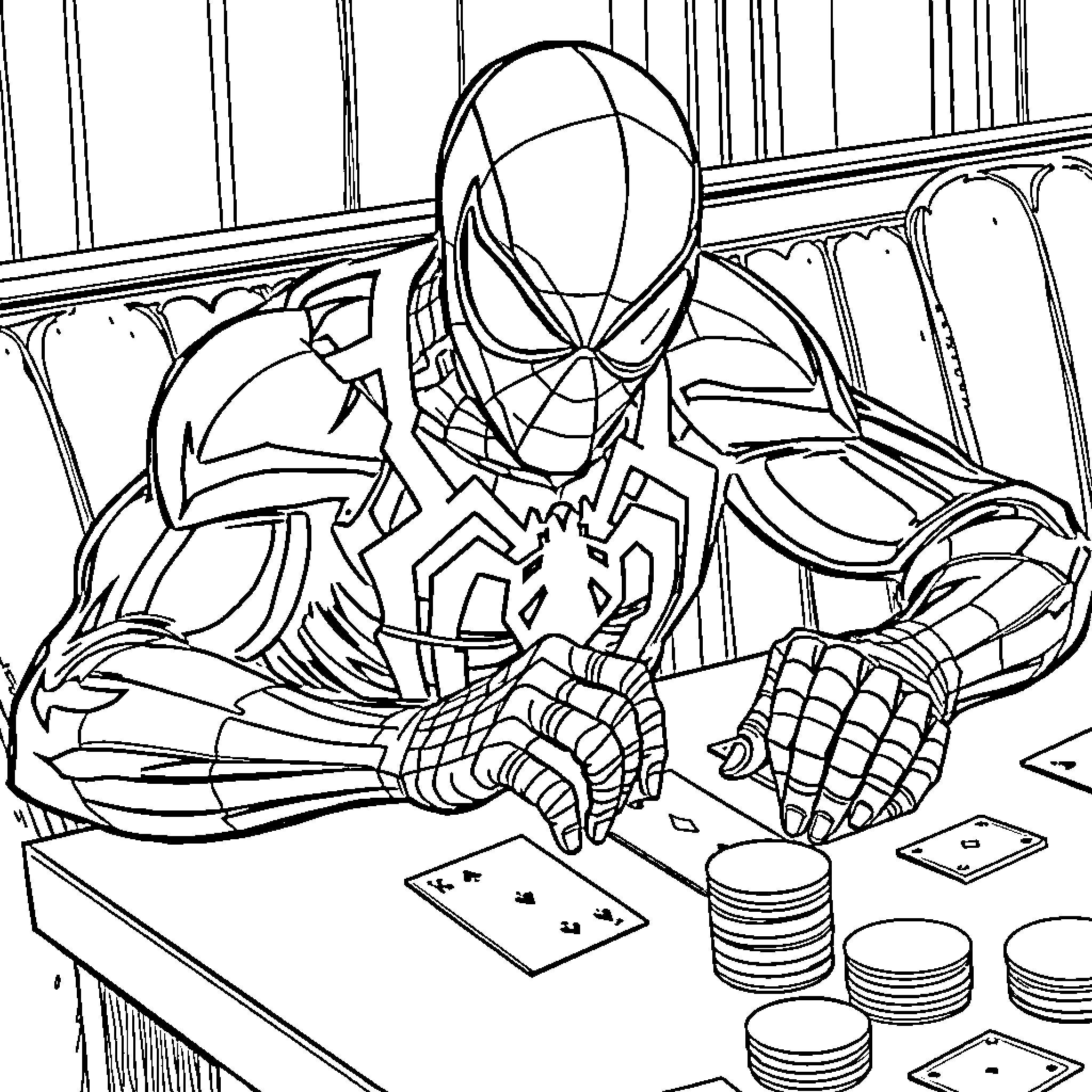 Spiderman Unmasked Counting Coins in His Lair Coloring Page (free black-and-white line drawing printable PDF for all, from beginners to advanced learners, including children, teens, adults, and seniors)