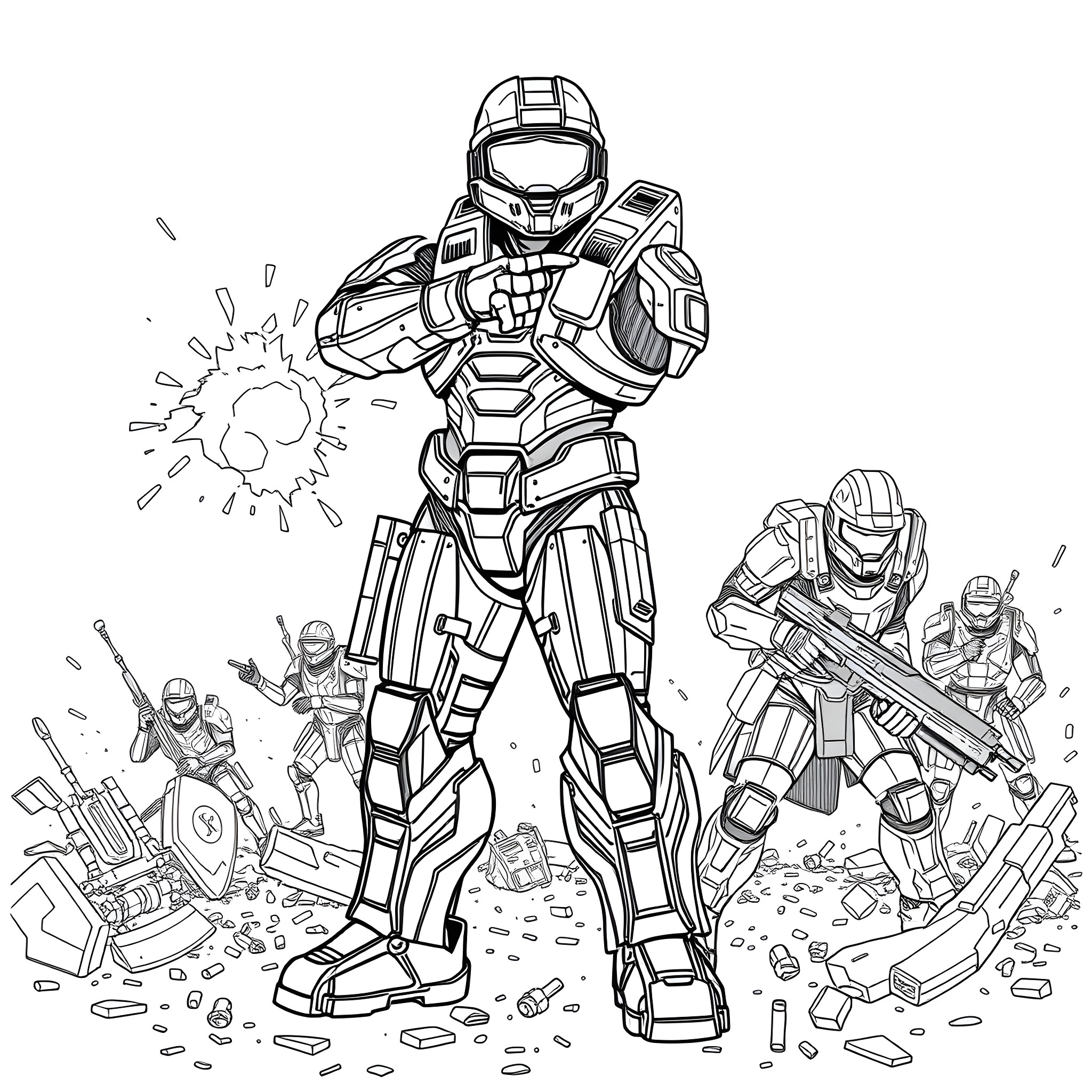 Master Chief leading a squad of armored warriors in battle Coloring Page (free black-and-white line drawing printable PDF for all, from beginners to advanced learners, including children, teens, adults, and seniors)