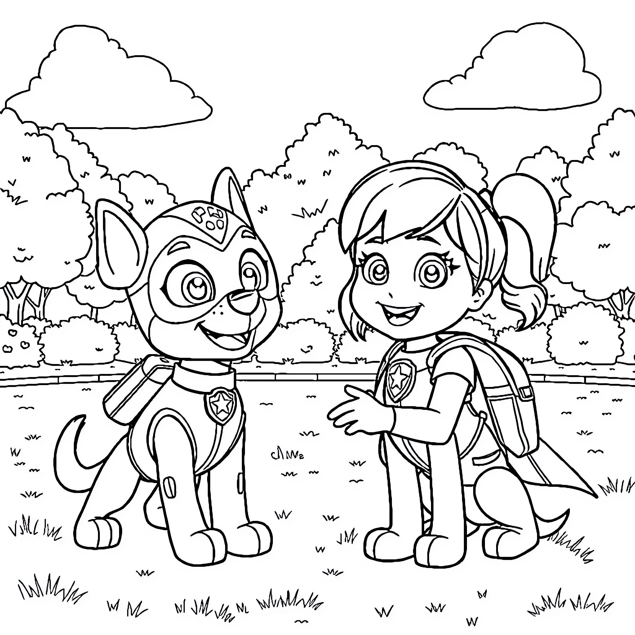 Skye and Pup Explore the Outdoors Coloring Page (free black-and-white line drawing printable PDF for all, from beginners to advanced learners, including children, teens, adults, and seniors)