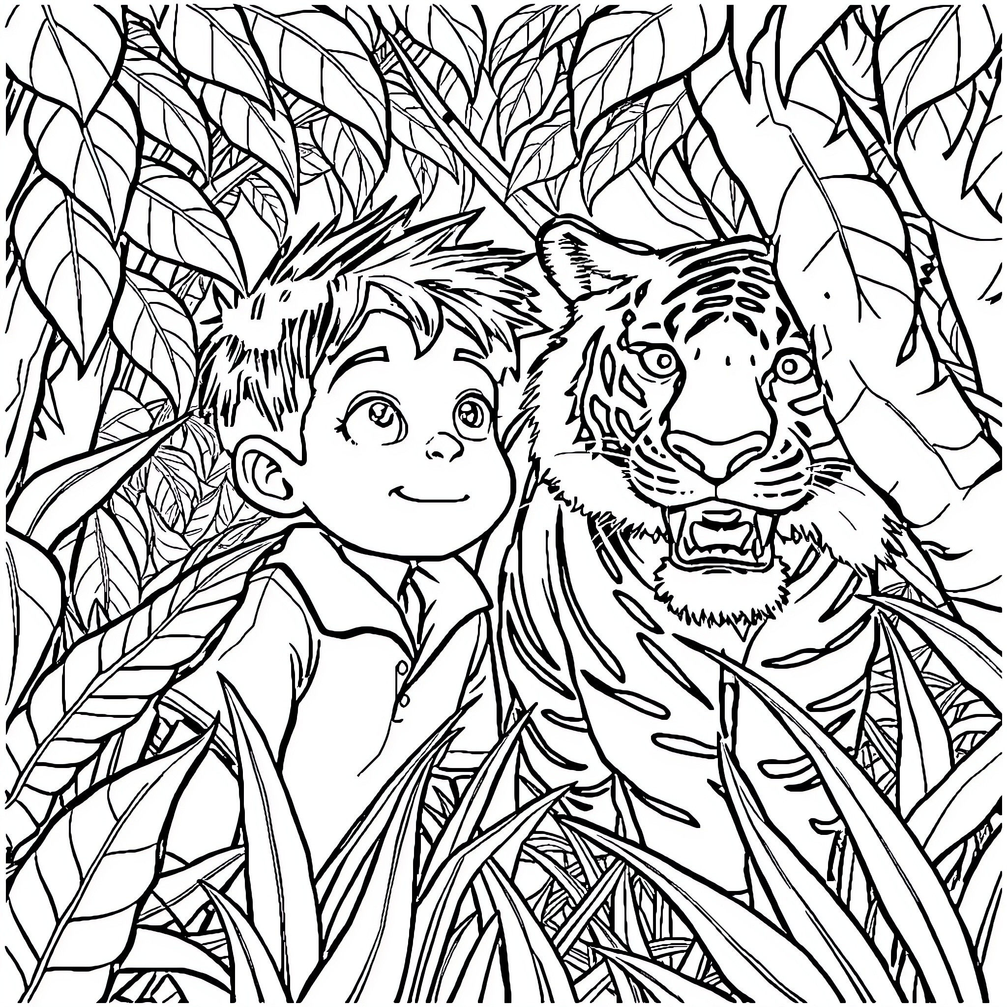 Boy and tiger exploring the jungle Coloring Page (free black-and-white line drawing printable PDF for all, from beginners to advanced learners, including children, teens, adults, and seniors)