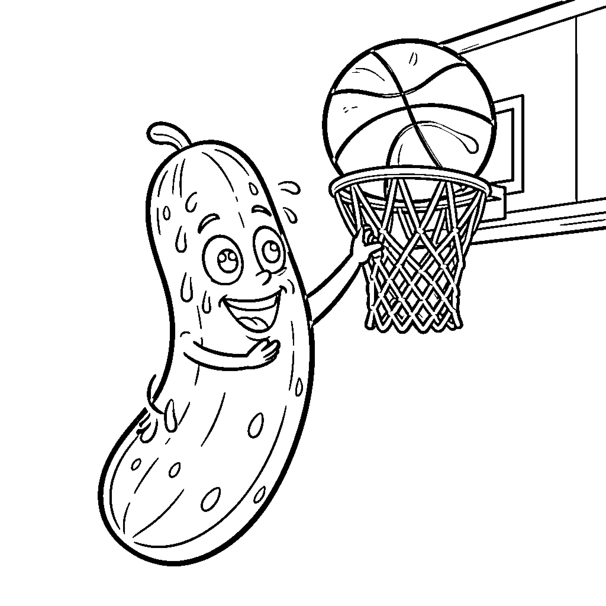 Pickle playing basketball through the hoop Coloring Page (free black-and-white line drawing printable PDF for all, from beginners to advanced learners, including children, teens, adults, and seniors)