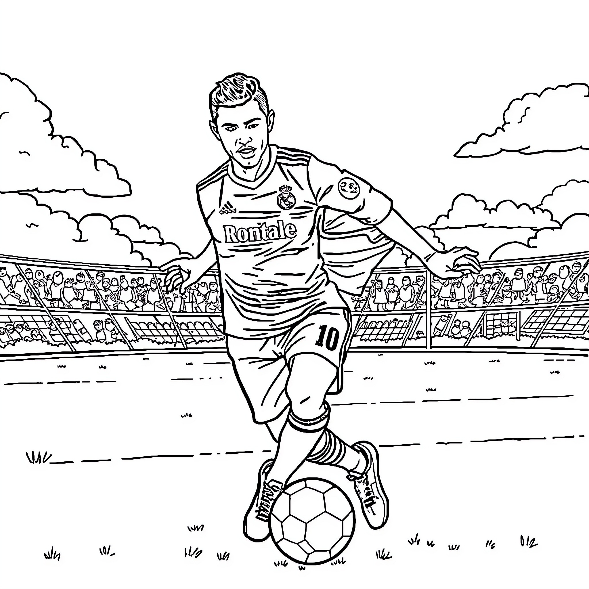 Cristiano Ronaldo playing football on the field Coloring Page (free black-and-white line drawing printable PDF for all, from beginners to advanced learners, including children, teens, adults, and seniors)