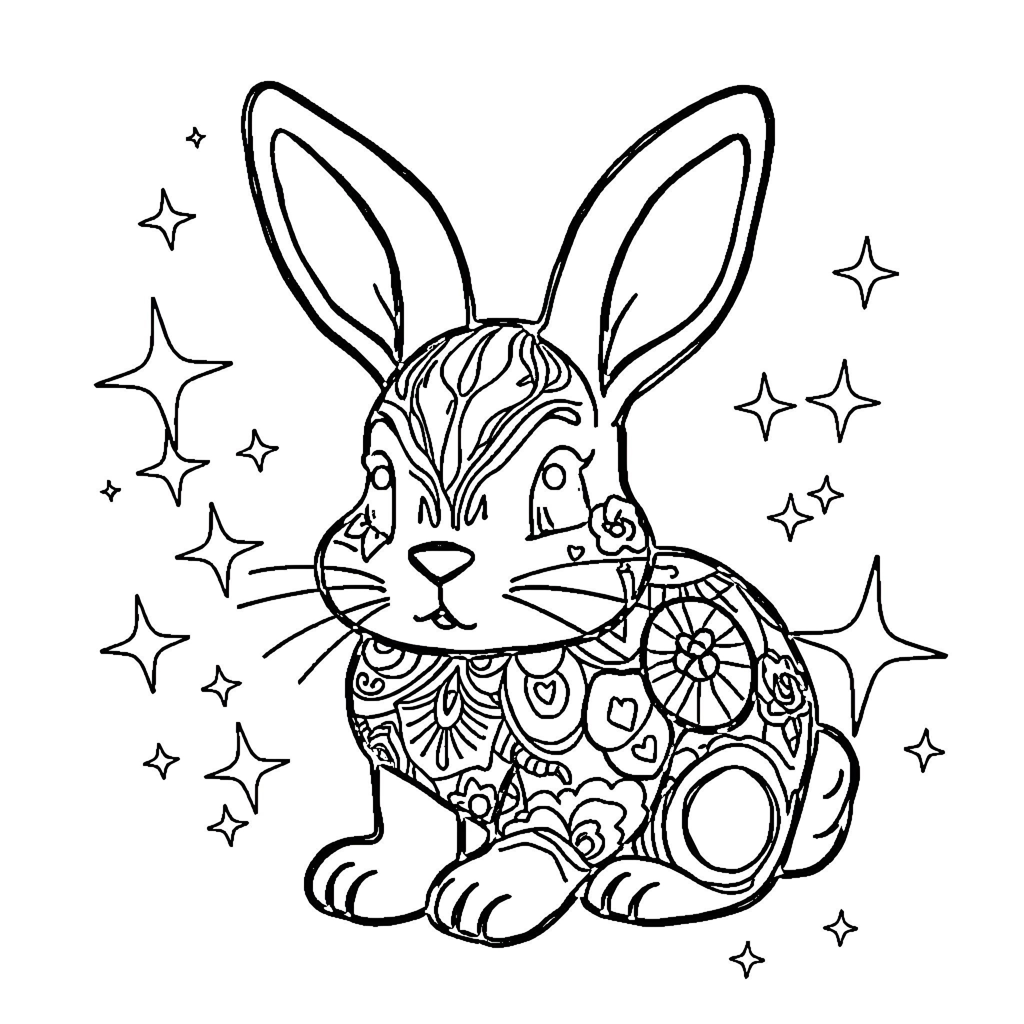 Rabbit with ornate design in starry night Coloring Page (free black-and-white line drawing printable PDF for all, from beginners to advanced learners, including children, teens, adults, and seniors)