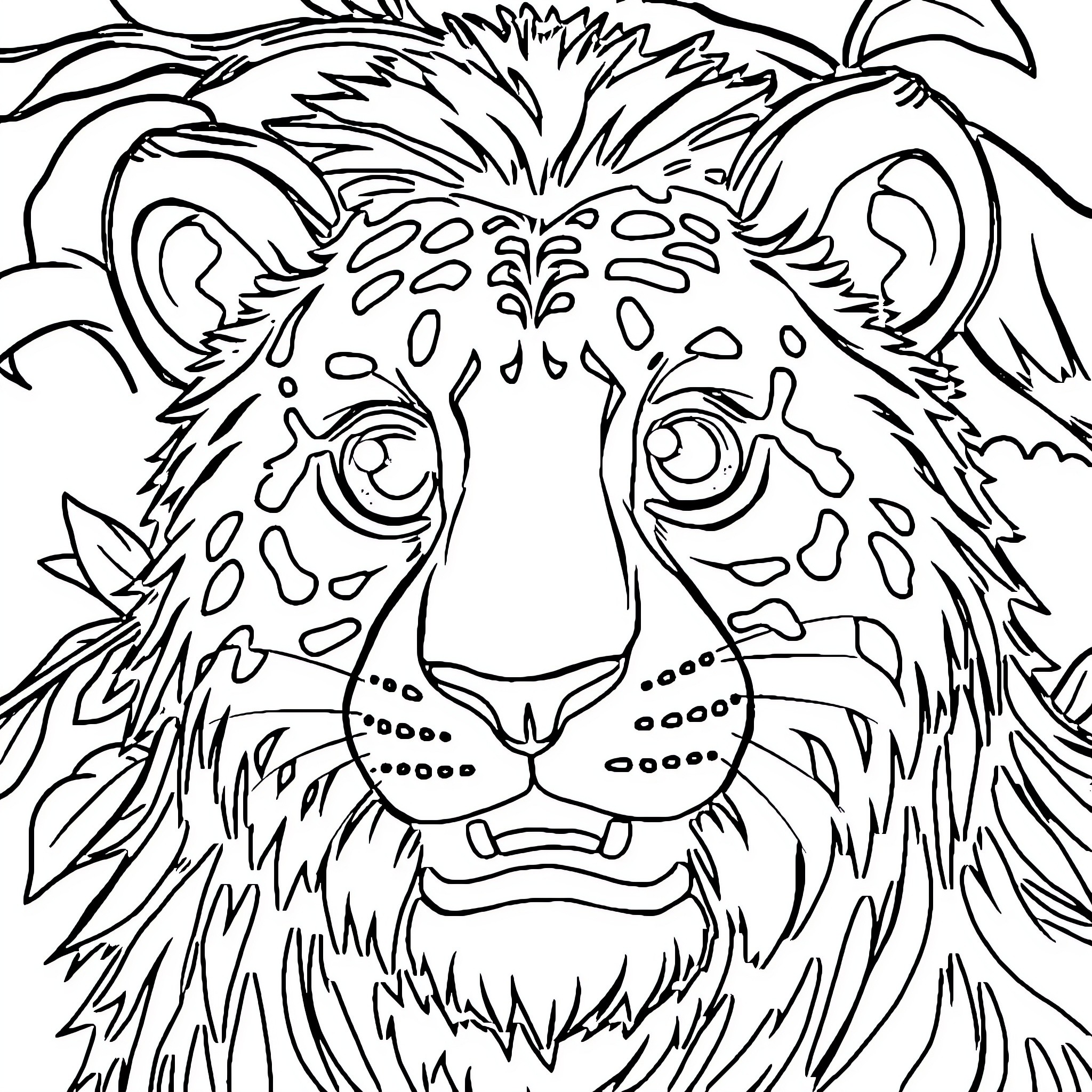 Lion's fierce expression and intricate pattern Coloring Page (free black-and-white line drawing printable PDF for all, from beginners to advanced learners, including children, teens, adults, and seniors)
