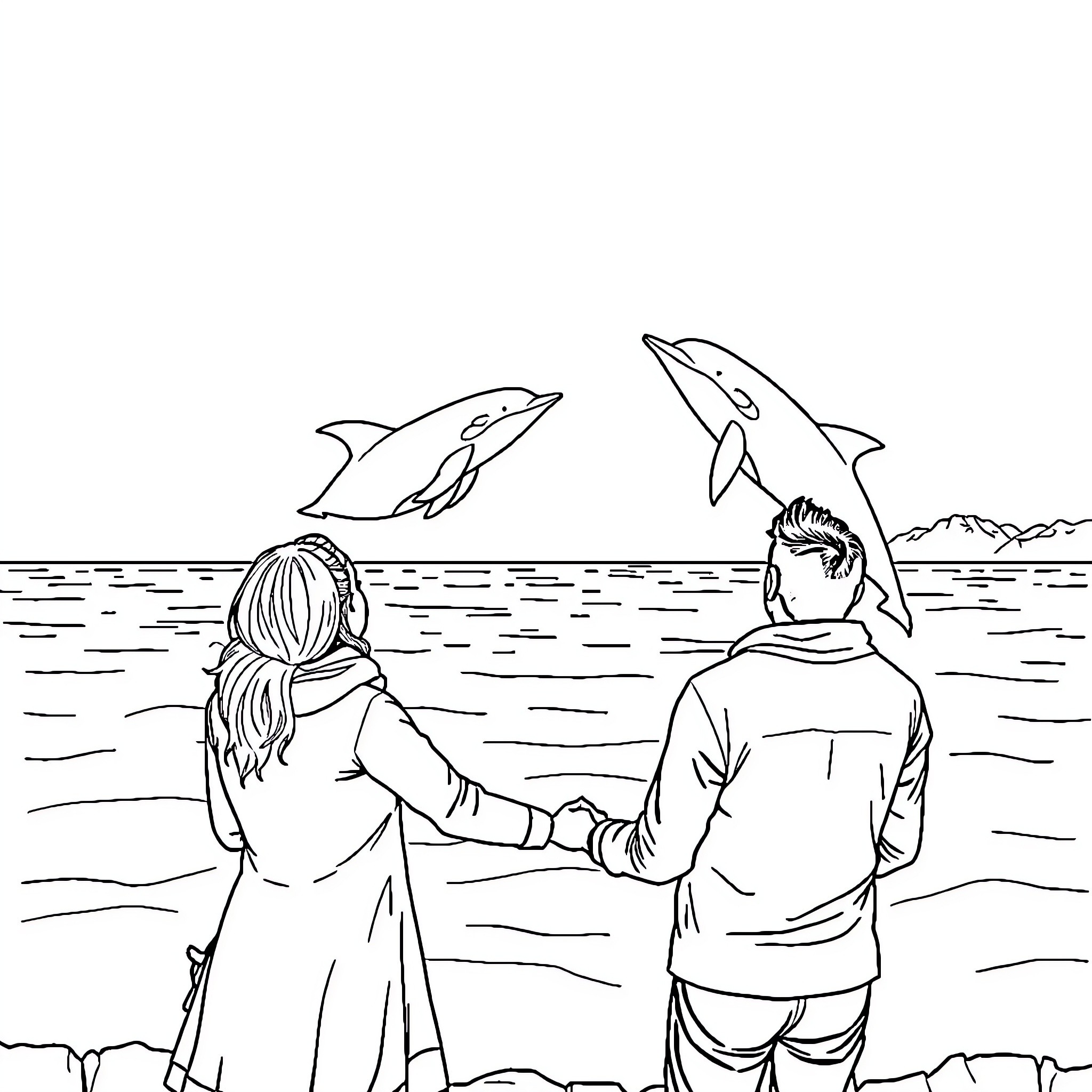 Novios watching dolphins in the ocean Coloring Page (free black-and-white line drawing printable PDF for all, from beginners to advanced learners, including children, teens, adults, and seniors)