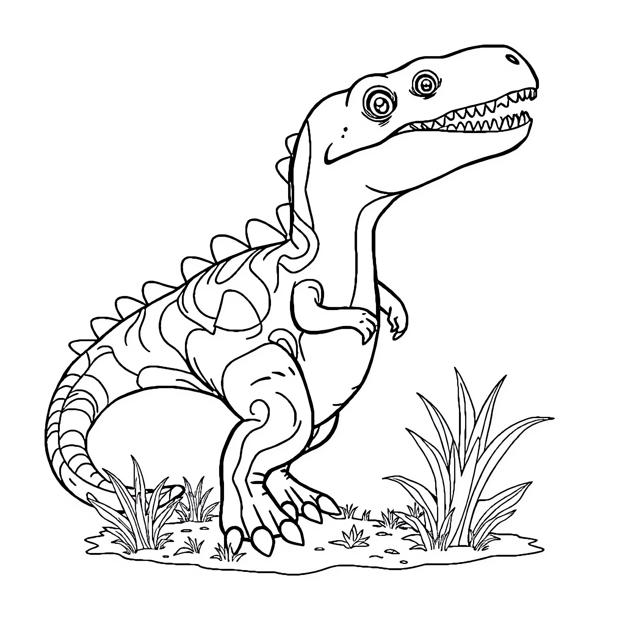Dinosaur exploring the lush vegetation Coloring Page (free black-and-white line drawing printable PDF for all, from beginners to advanced learners, including children, teens, adults, and seniors)