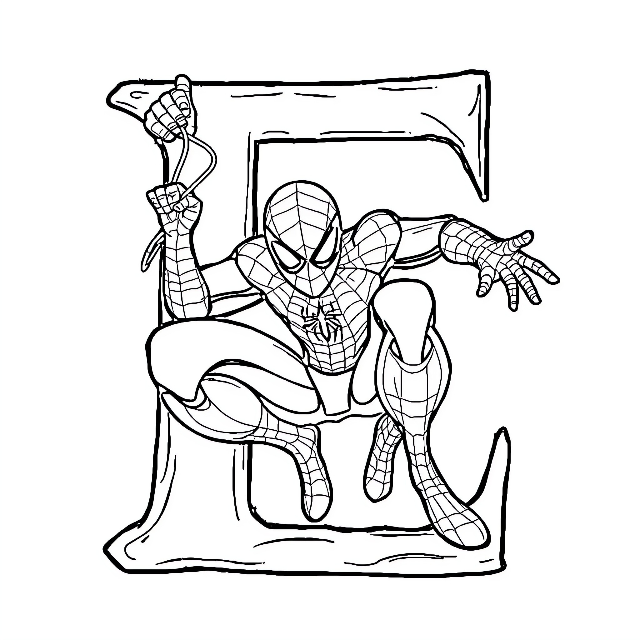 Spiderman in action-packed pose Coloring Page (free black-and-white line drawing printable PDF for all, from beginners to advanced learners, including children, teens, adults, and seniors)