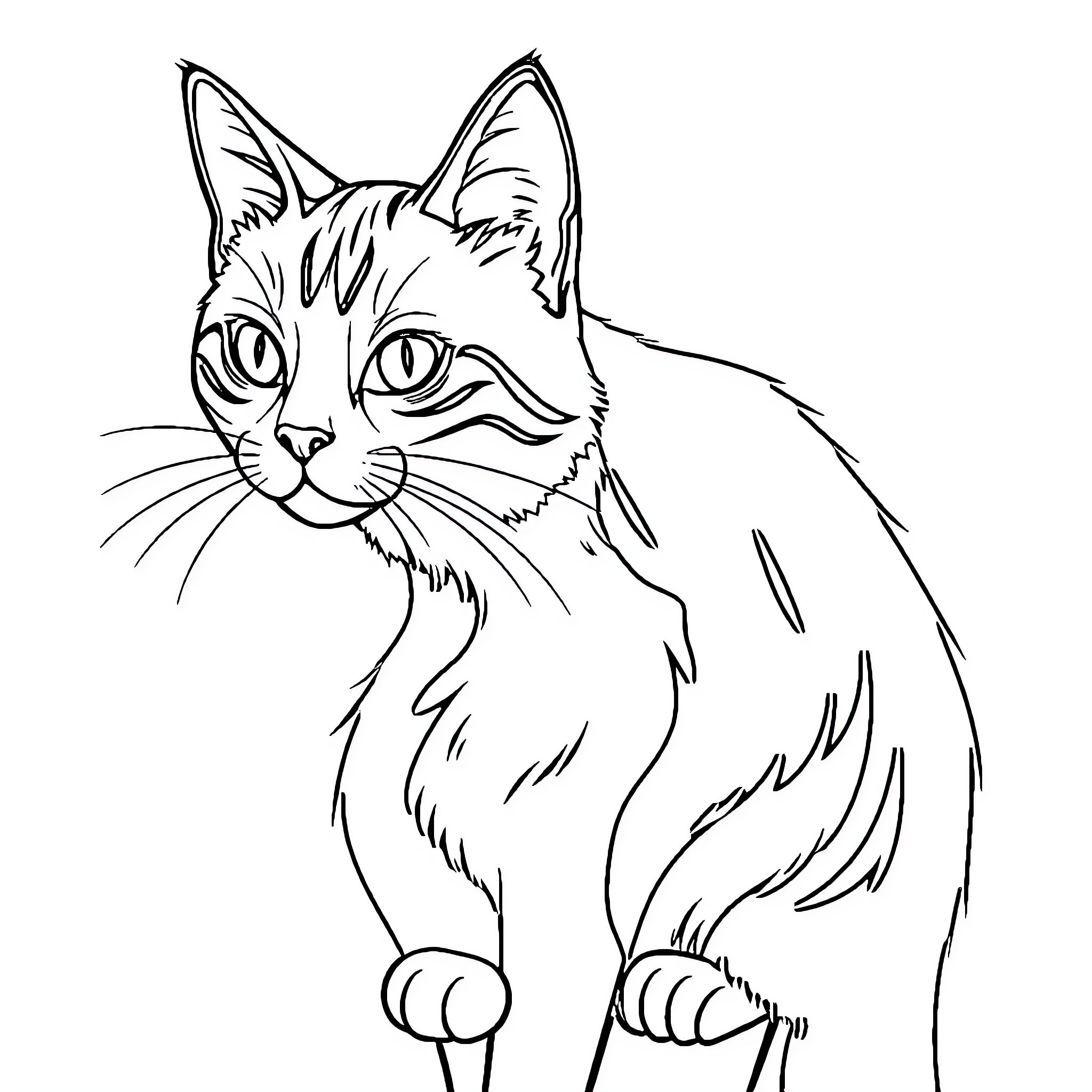 Cat-Dog duo in playful stance Coloring Page (free black-and-white line drawing printable PDF for all, from beginners to advanced learners, including children, teens, adults, and seniors)