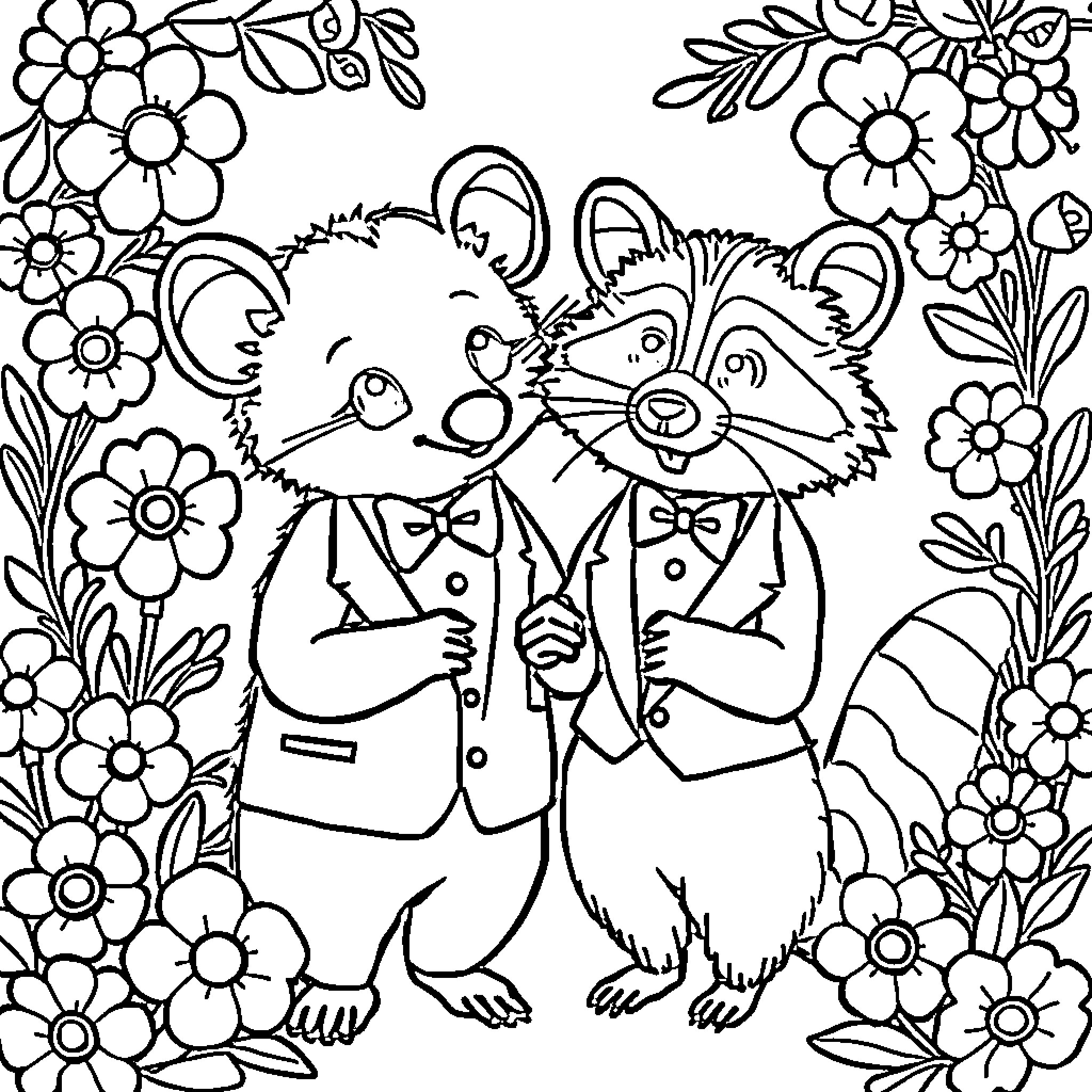 Possum couple in formal attire surrounded by flowers Coloring Page (free black-and-white line drawing printable PDF for all, from beginners to advanced learners, including children, teens, adults, and seniors)