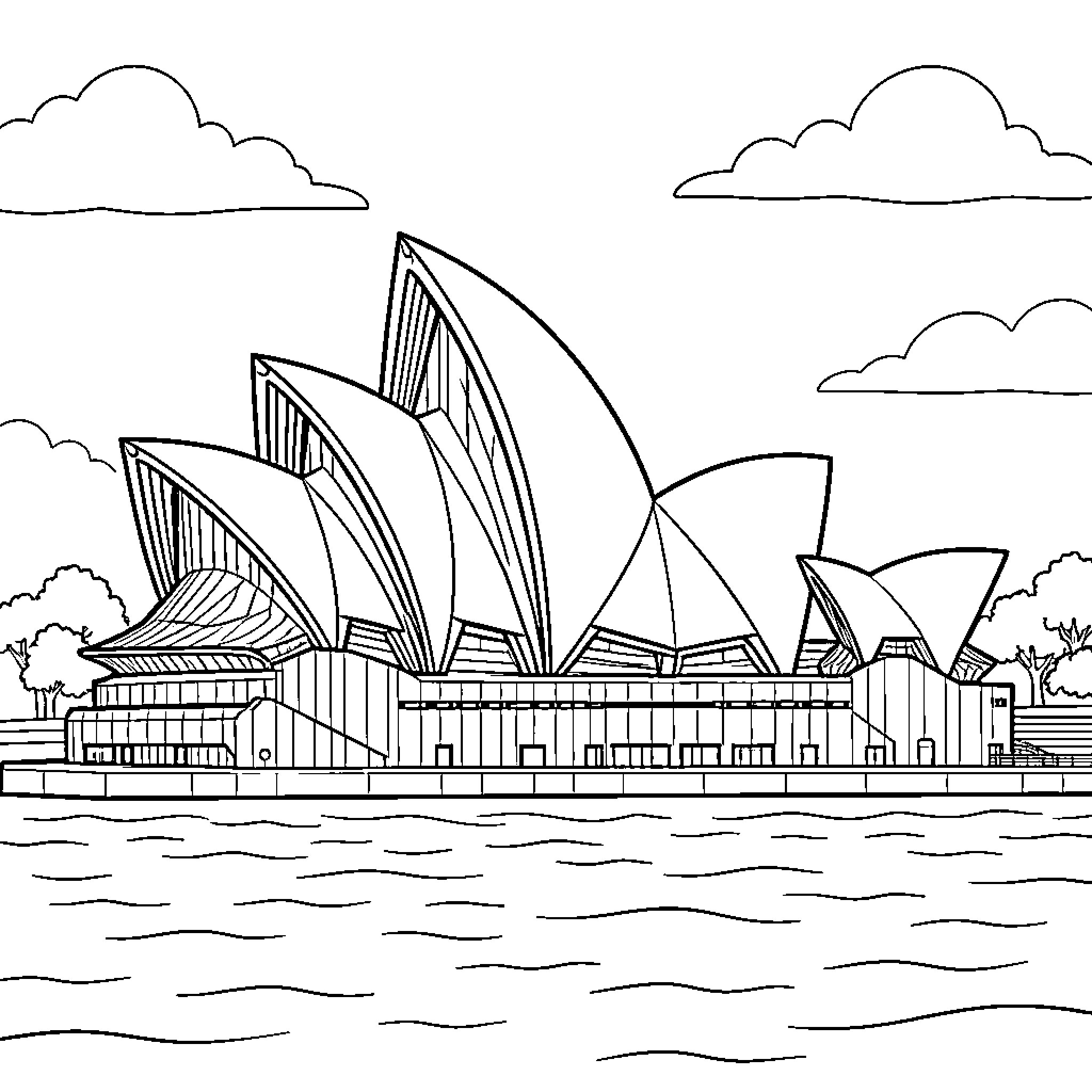 Sydney Opera House in architectural outline Coloring Page (free black-and-white line drawing printable PDF for all, from beginners to advanced learners, including children, teens, adults, and seniors)