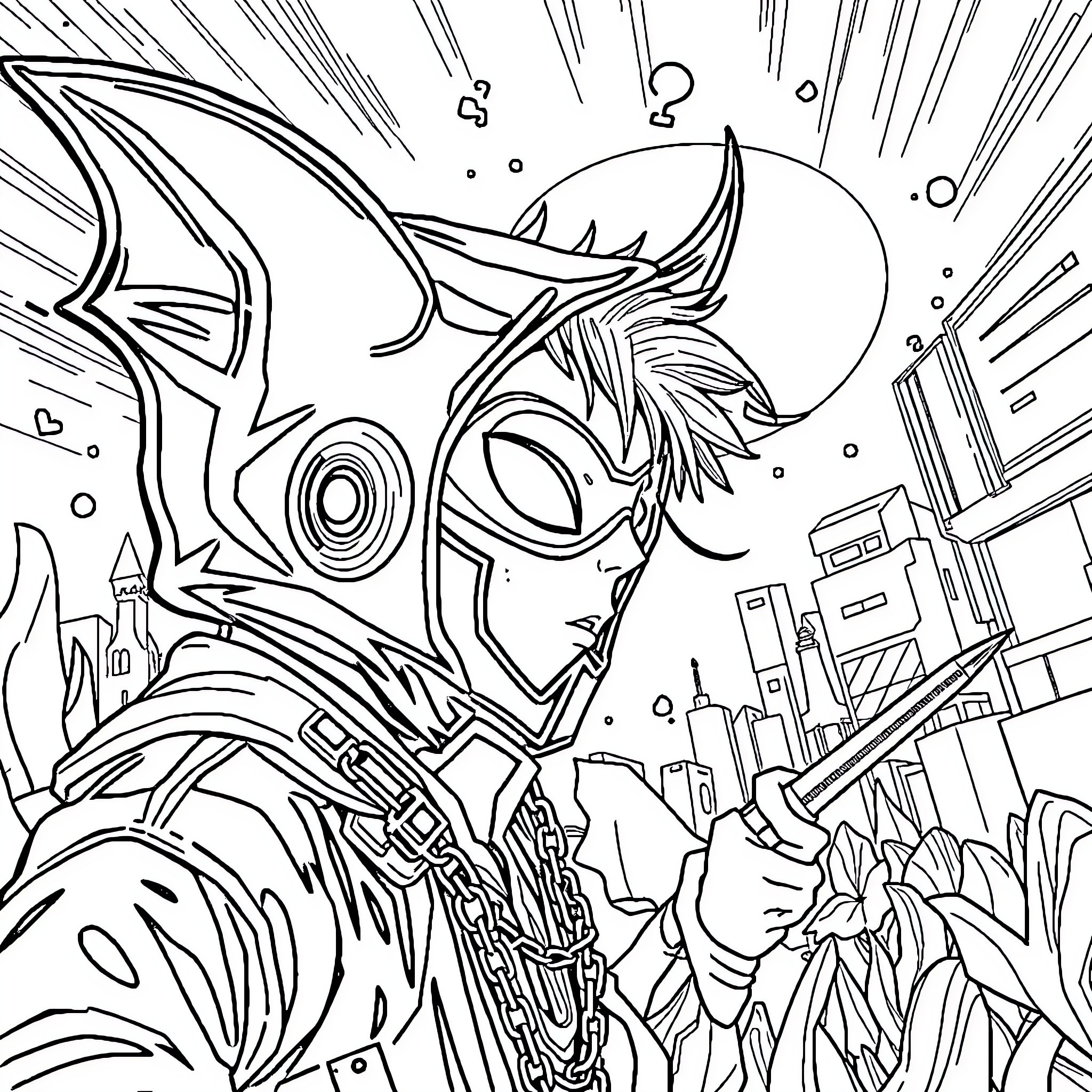 K Pop Superhero Fighting in Futuristic City Coloring Page (free black-and-white line drawing printable PDF for all, from beginners to advanced learners, including children, teens, adults, and seniors)