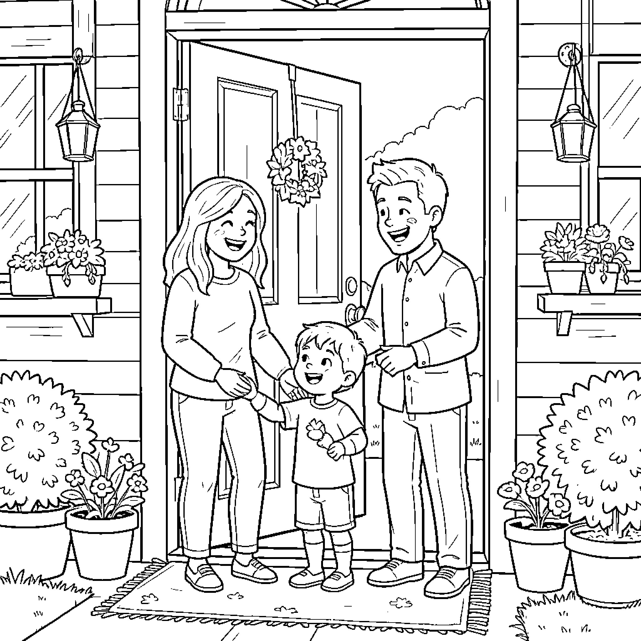 Family Greeting Each Other at the Front Door Coloring Page (free black-and-white line drawing printable PDF for all, from beginners to advanced learners, including children, teens, adults, and seniors)