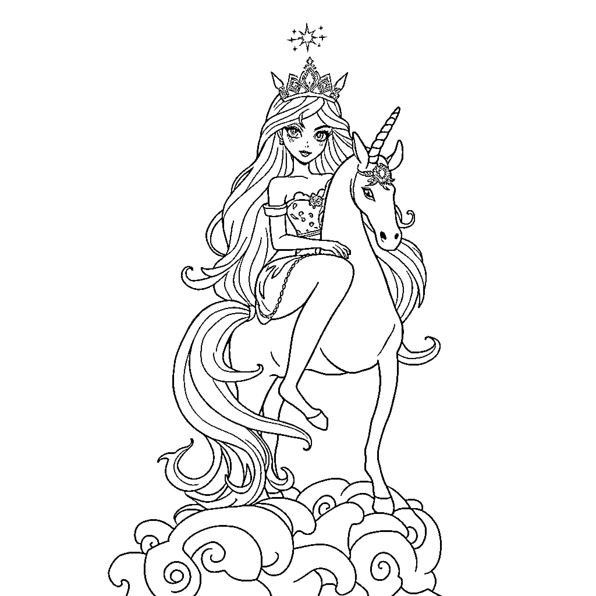 Princess riding a magical unicorn Coloring Page (free black-and-white line drawing printable PDF for all, from beginners to advanced learners, including children, teens, adults, and seniors)