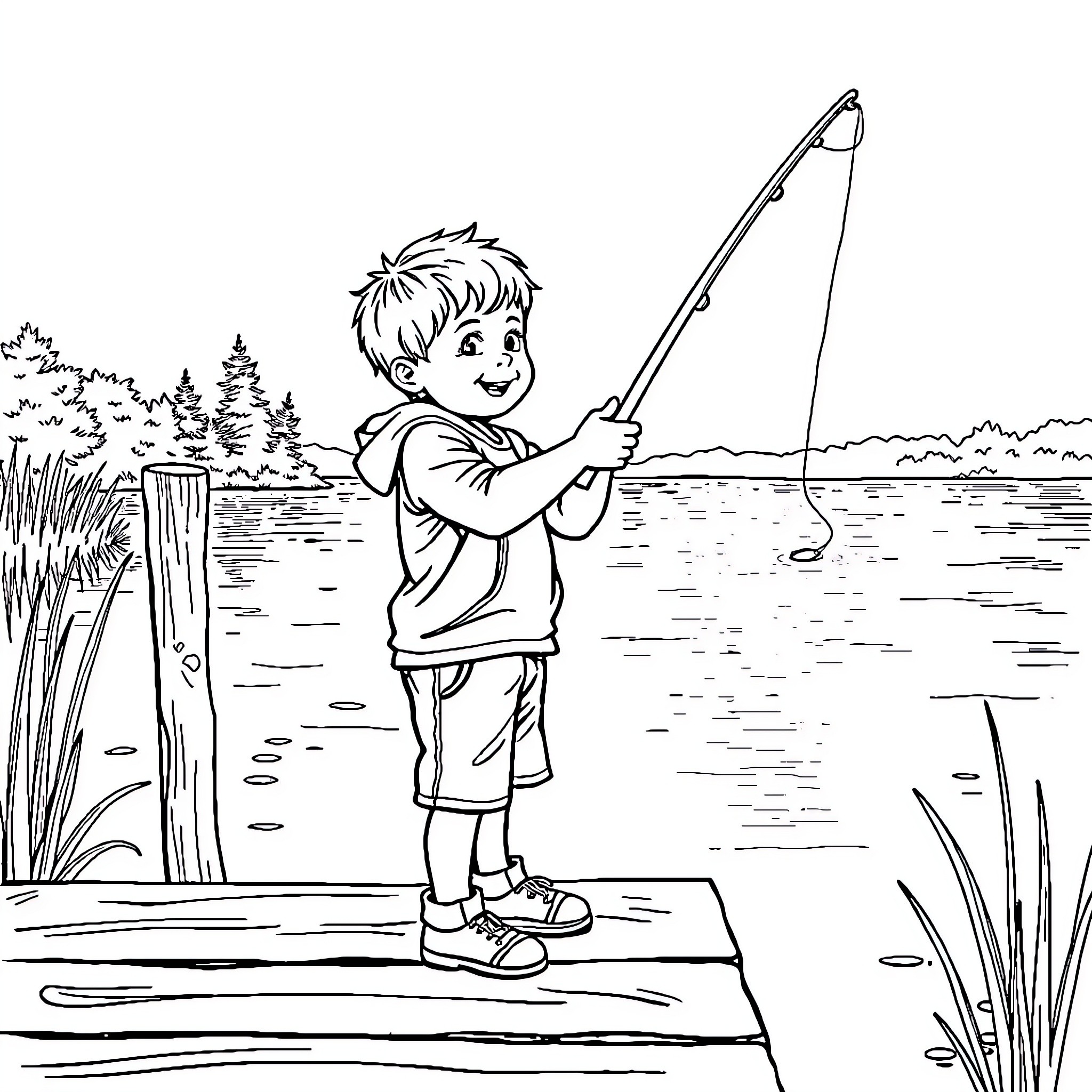 Boy fishing happily by the lake Coloring Page (free black-and-white line drawing printable PDF for all, from beginners to advanced learners, including children, teens, adults, and seniors)