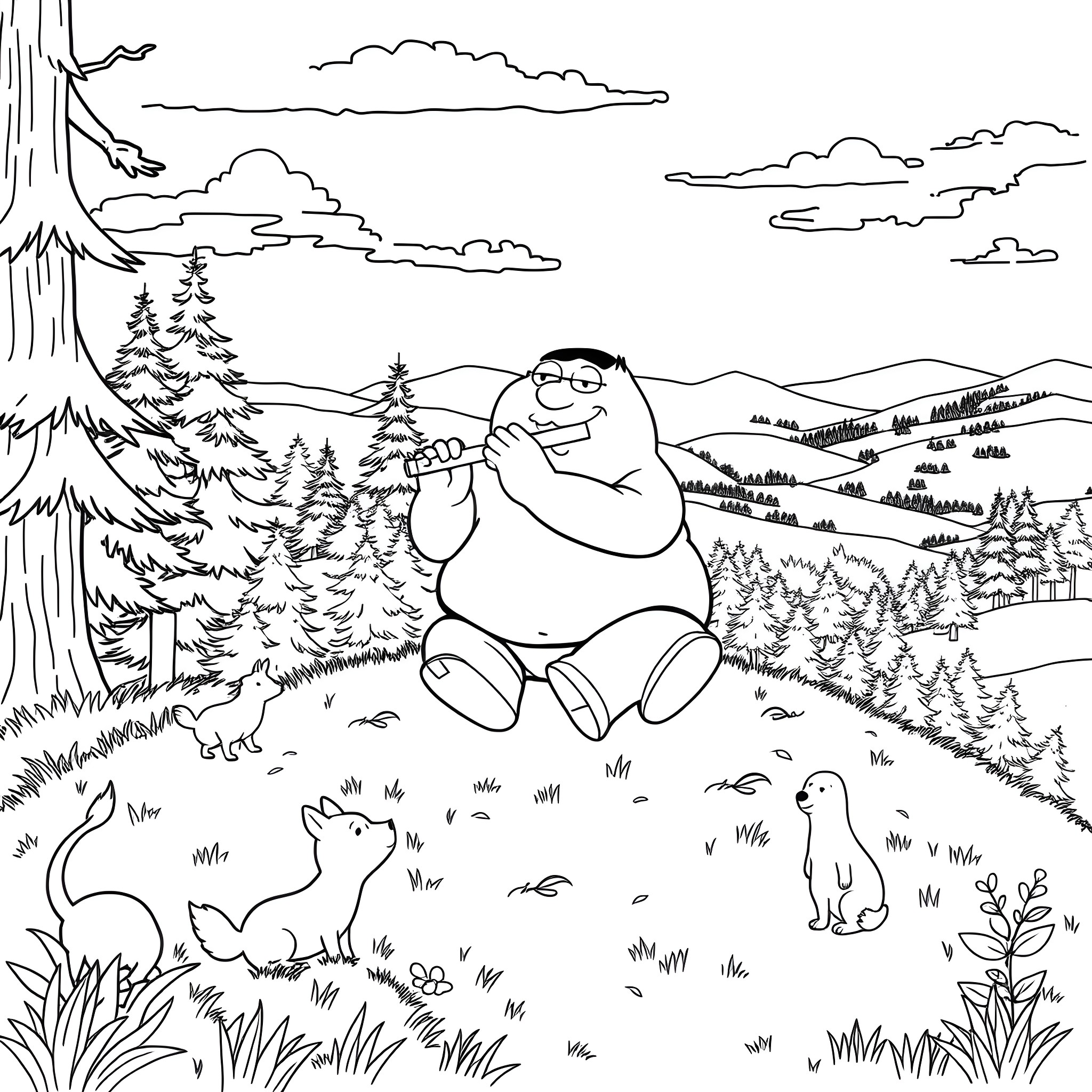 Peter Griffin enjoying nature in the wilderness Coloring Page (free black-and-white line drawing printable PDF for all, from beginners to advanced learners, including children, teens, adults, and seniors)