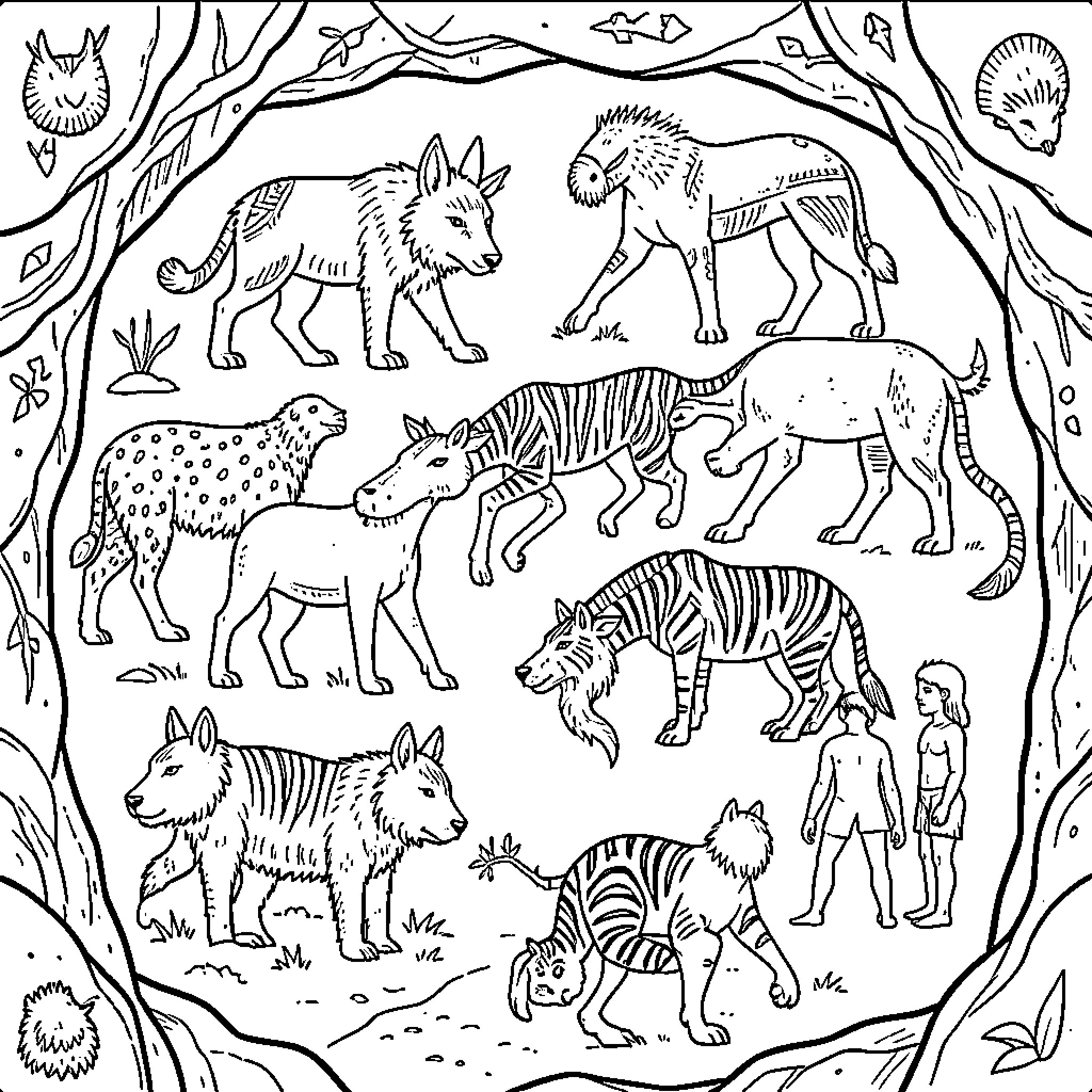 Cave Paintings of various animals and primitive humans Coloring Page (free black-and-white line drawing printable PDF for all, from beginners to advanced learners, including children, teens, adults, and seniors)