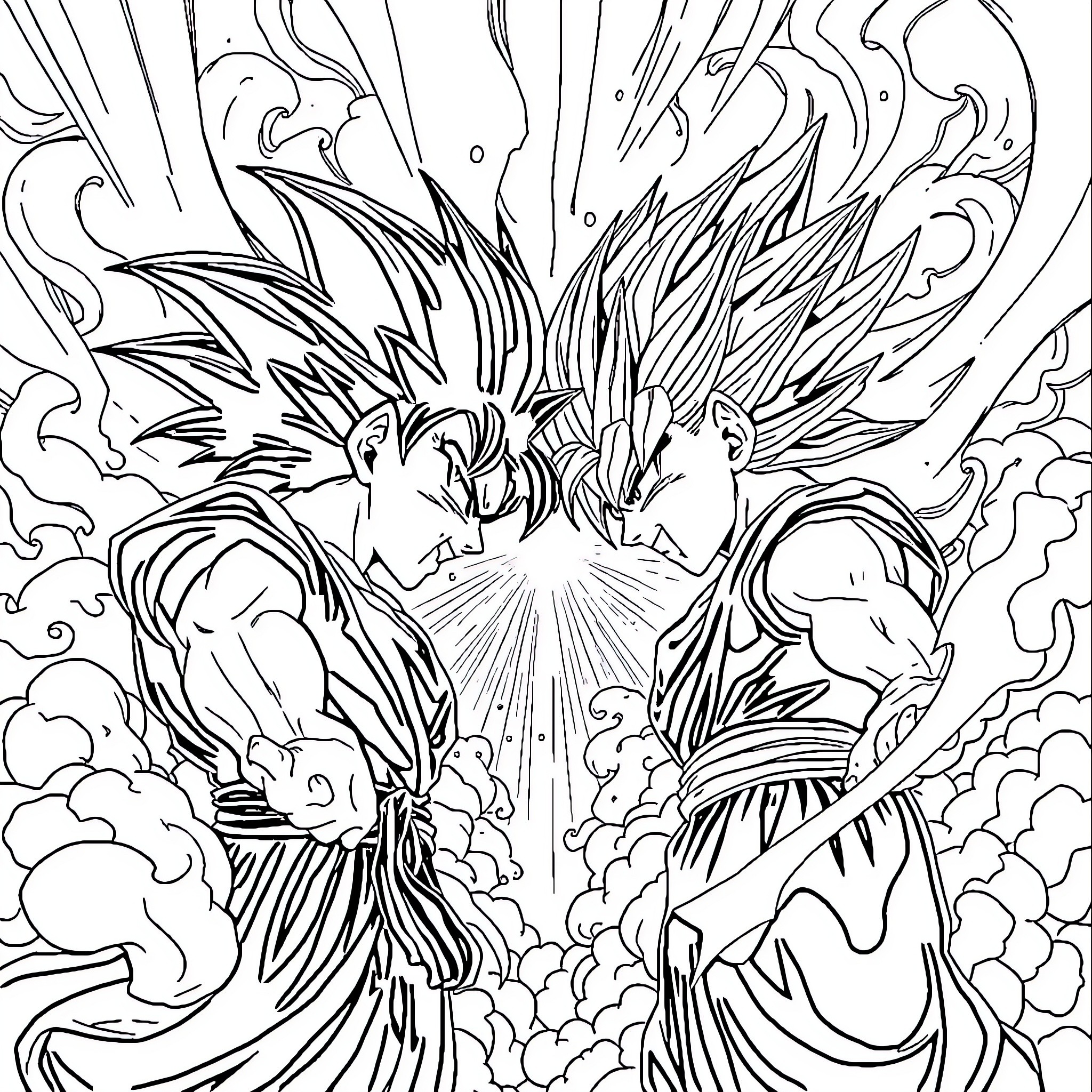 Gogeta's Epic Collision: Power Surge in the Clouds Coloring Page (free black-and-white line drawing printable PDF for all, from beginners to advanced learners, including children, teens, adults, and seniors)