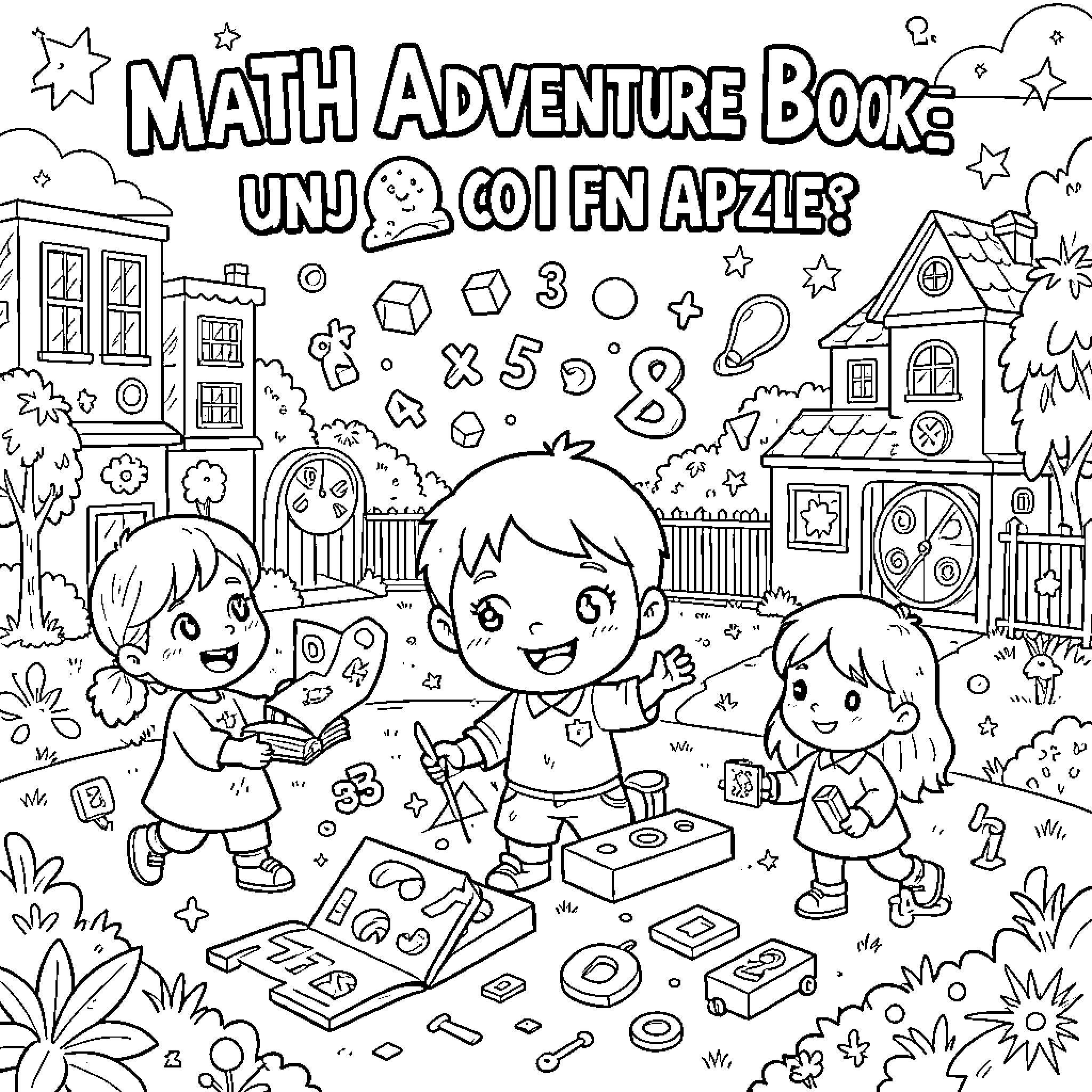 Characters engage in math adventure on neighborhood street Coloring Page (free black-and-white line drawing printable PDF for all, from beginners to advanced learners, including children, teens, adults, and seniors)