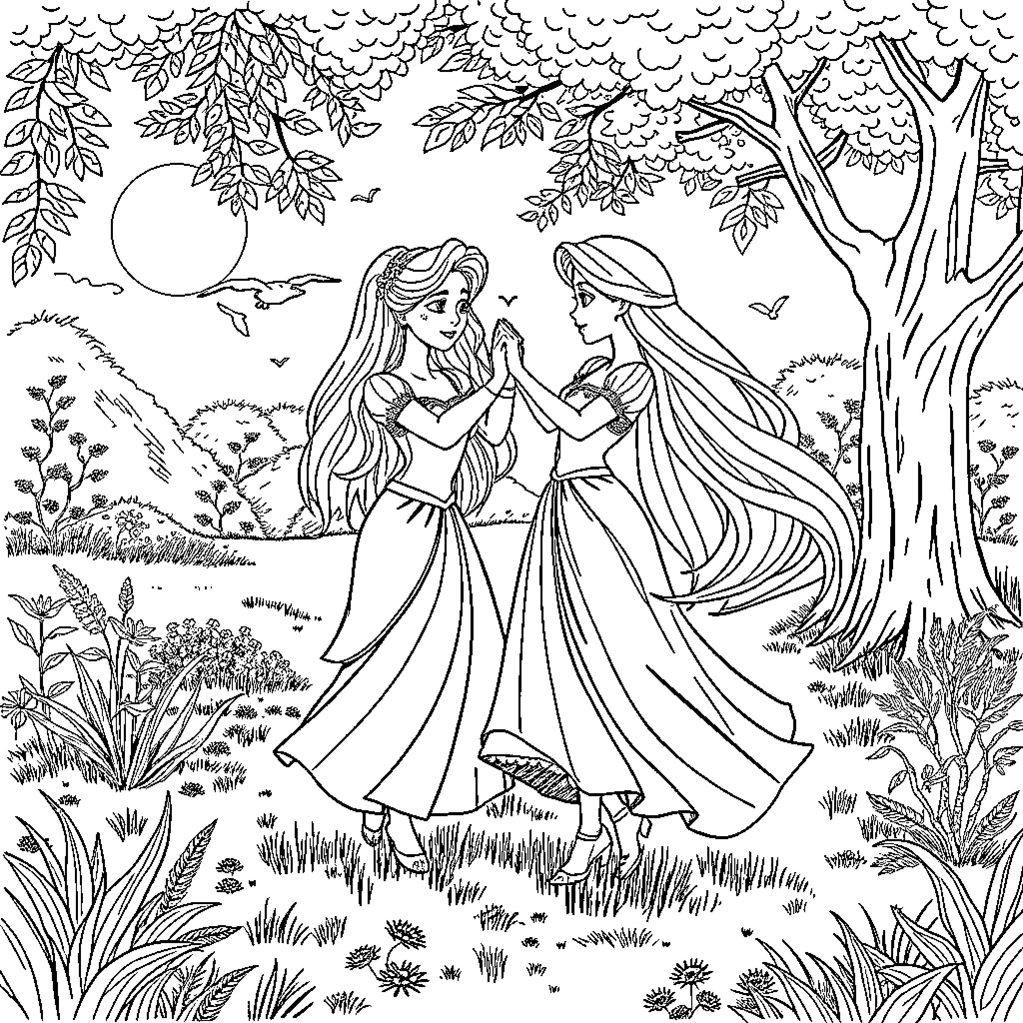 Jazmín's enchanted adventure in the enchanted forest Coloring Page (free black-and-white line drawing printable PDF for all, from beginners to advanced learners, including children, teens, adults, and seniors)