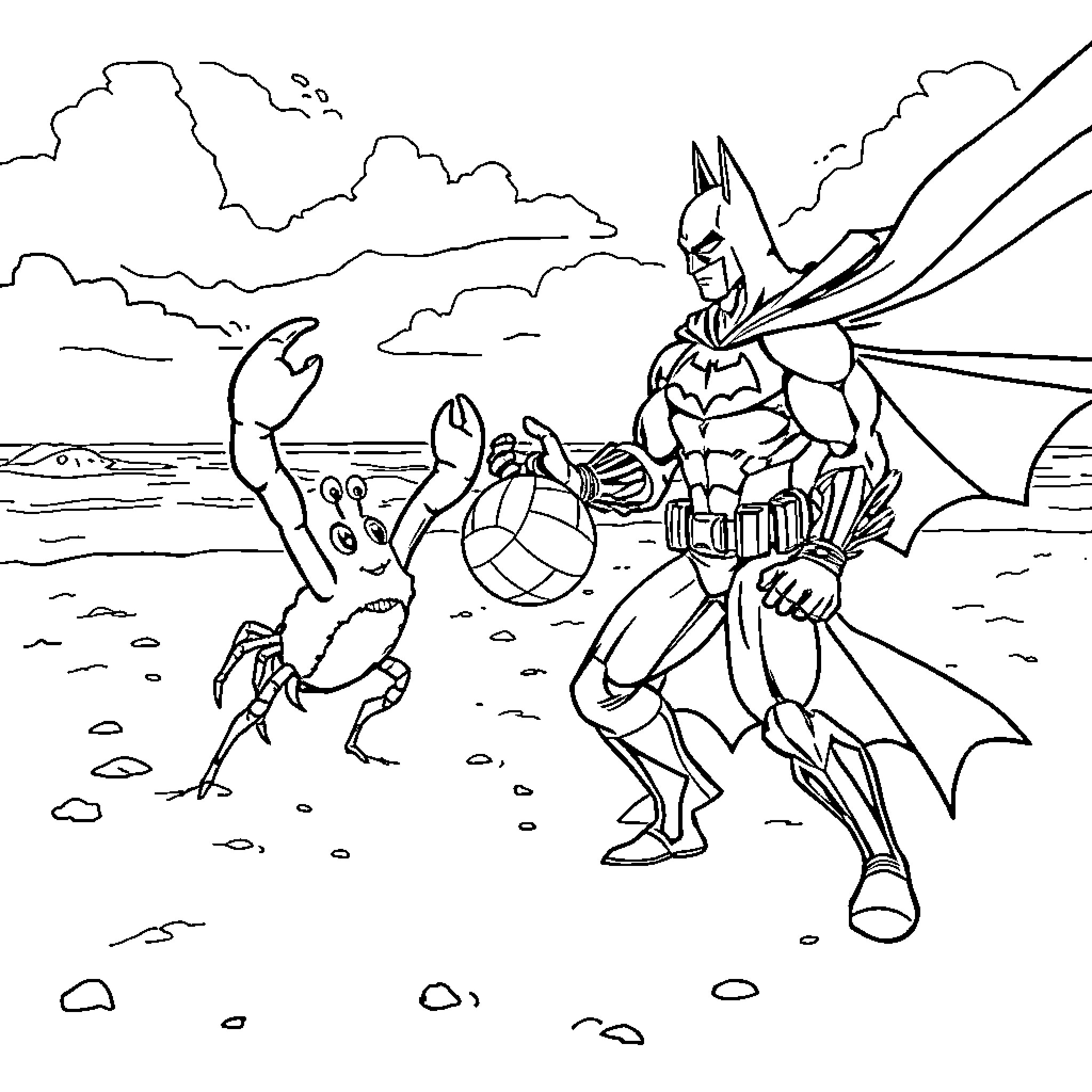 Crab battles heroic character on beach Coloring Page (free black-and-white line drawing printable PDF for all, from beginners to advanced learners, including children, teens, adults, and seniors)