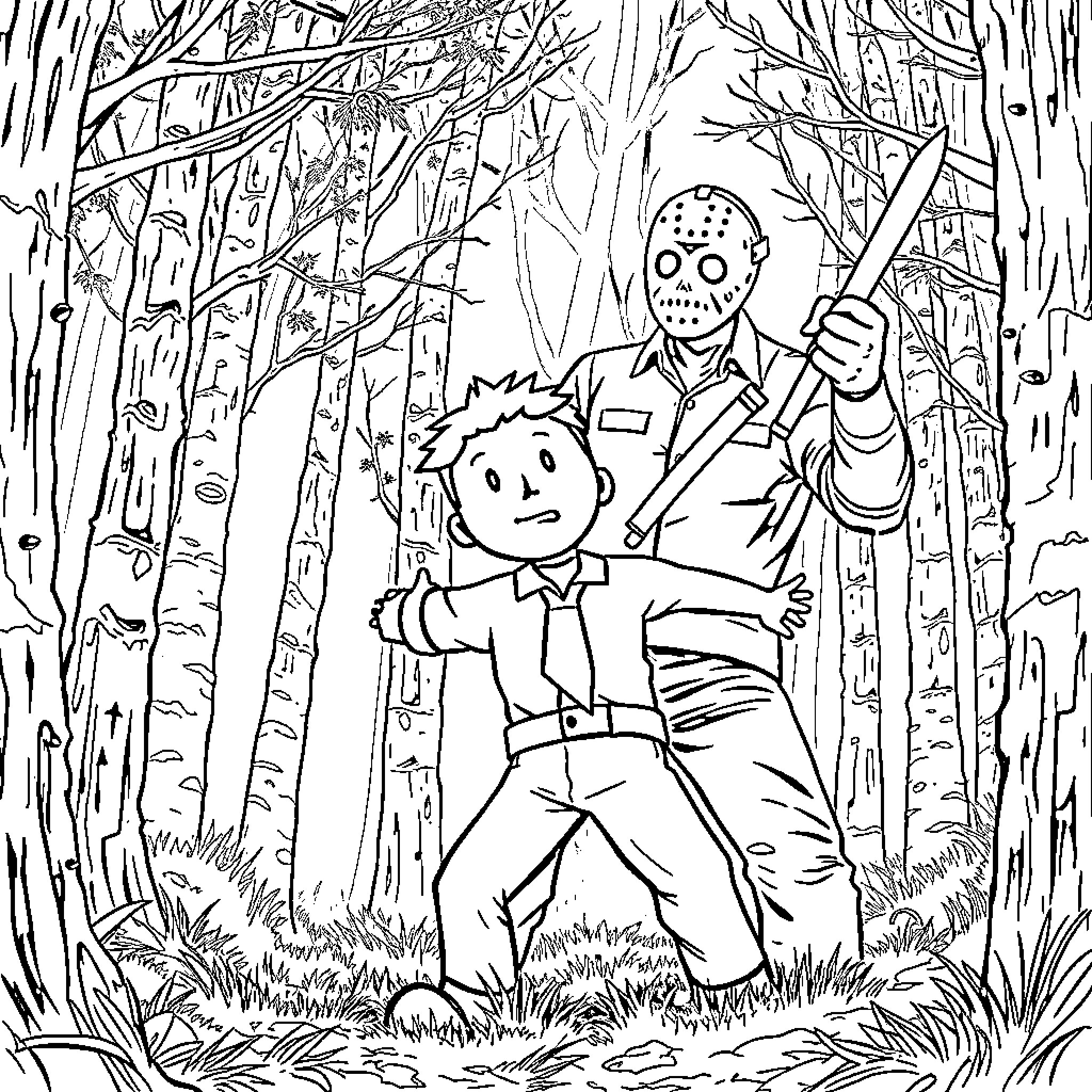 Vault Boy confronts a masked killer in the dark forest Coloring Page (free black-and-white line drawing printable PDF for all, from beginners to advanced learners, including children, teens, adults, and seniors)