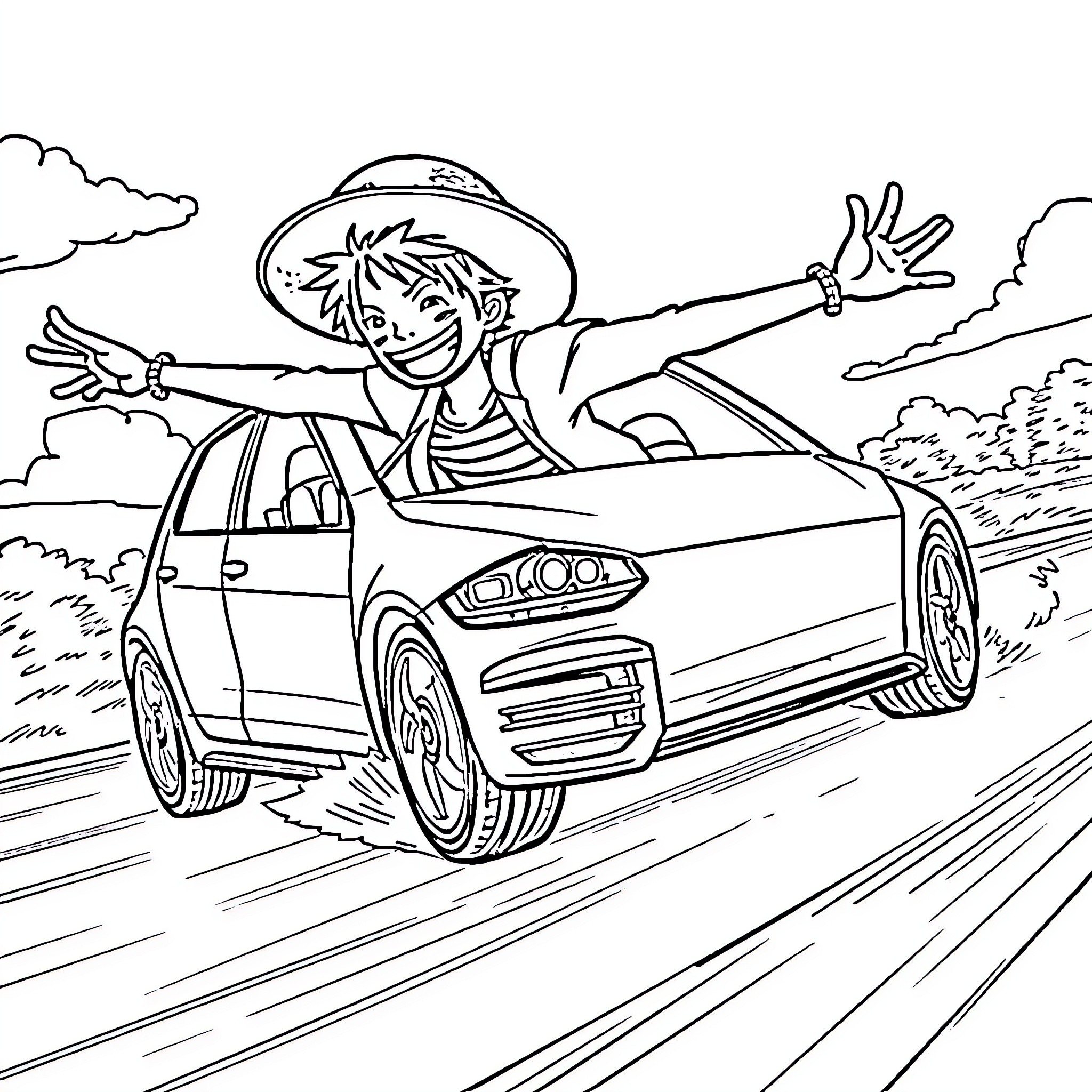 Golf 7 GTI driving joyfully on the open road Coloring Page (free black-and-white line drawing printable PDF for all, from beginners to advanced learners, including children, teens, adults, and seniors)