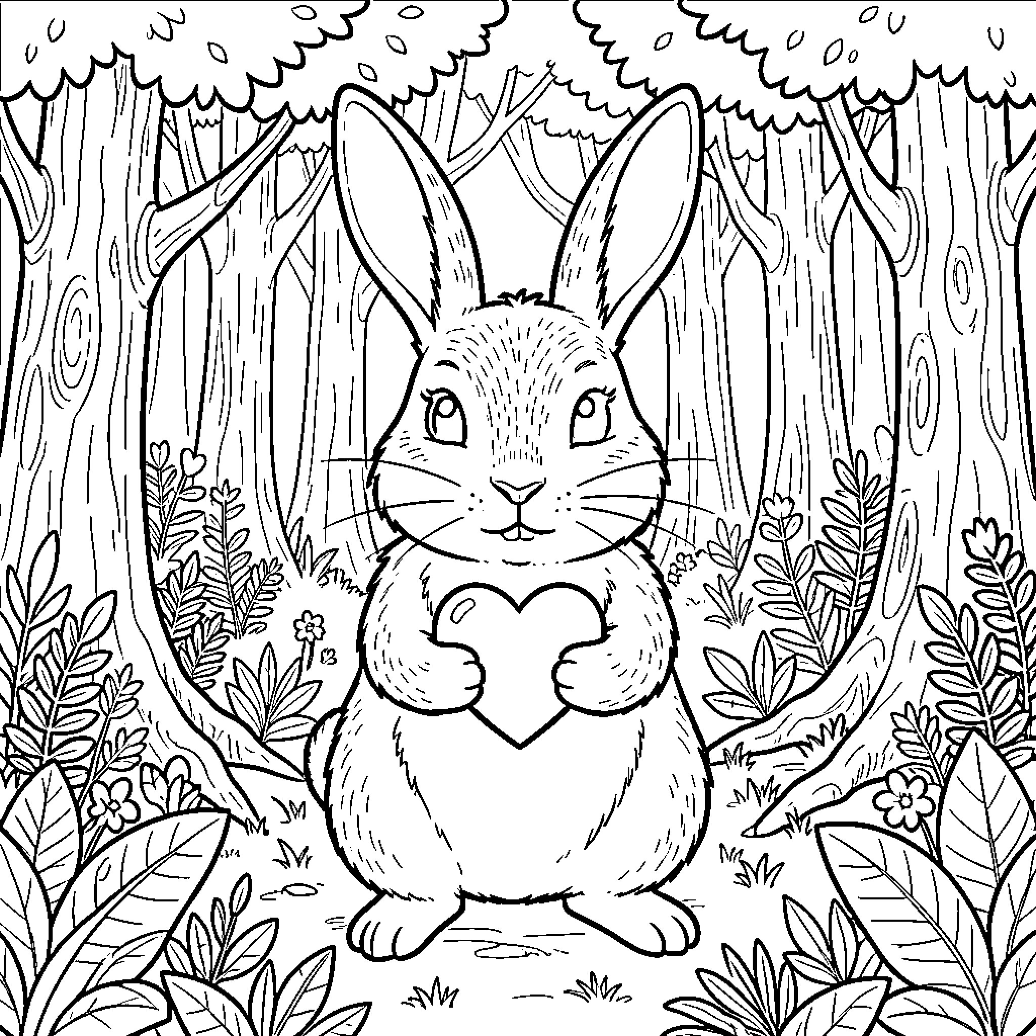 Rabbit holding a heart in a forest Coloring Page (free black-and-white line drawing printable PDF for all, from beginners to advanced learners, including children, teens, adults, and seniors)