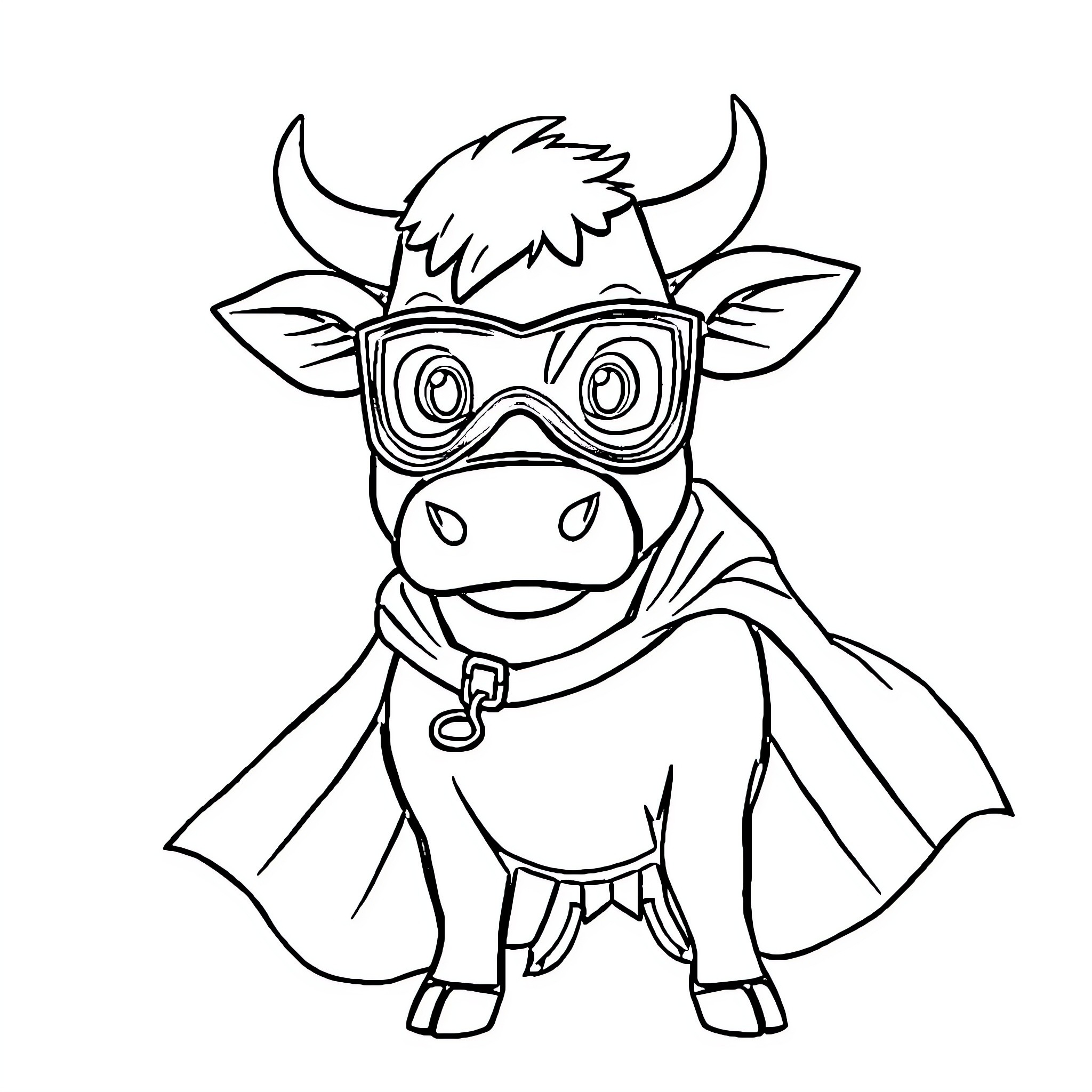 Superhero Cow in Costume and Mask Coloring Page (free black-and-white line drawing printable PDF for all, from beginners to advanced learners, including children, teens, adults, and seniors)