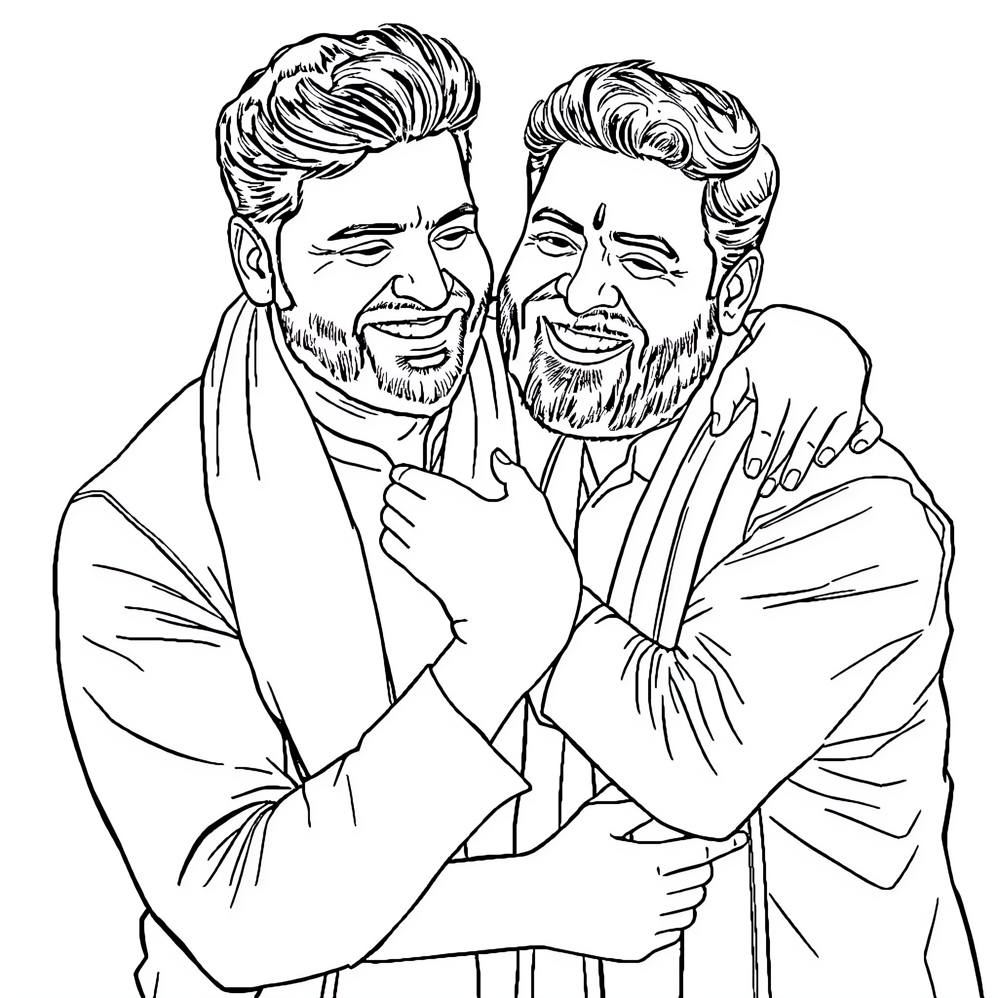 Prabhas and companion in intimate embrace Coloring Page (free black-and-white line drawing printable PDF for all, from beginners to advanced learners, including children, teens, adults, and seniors)