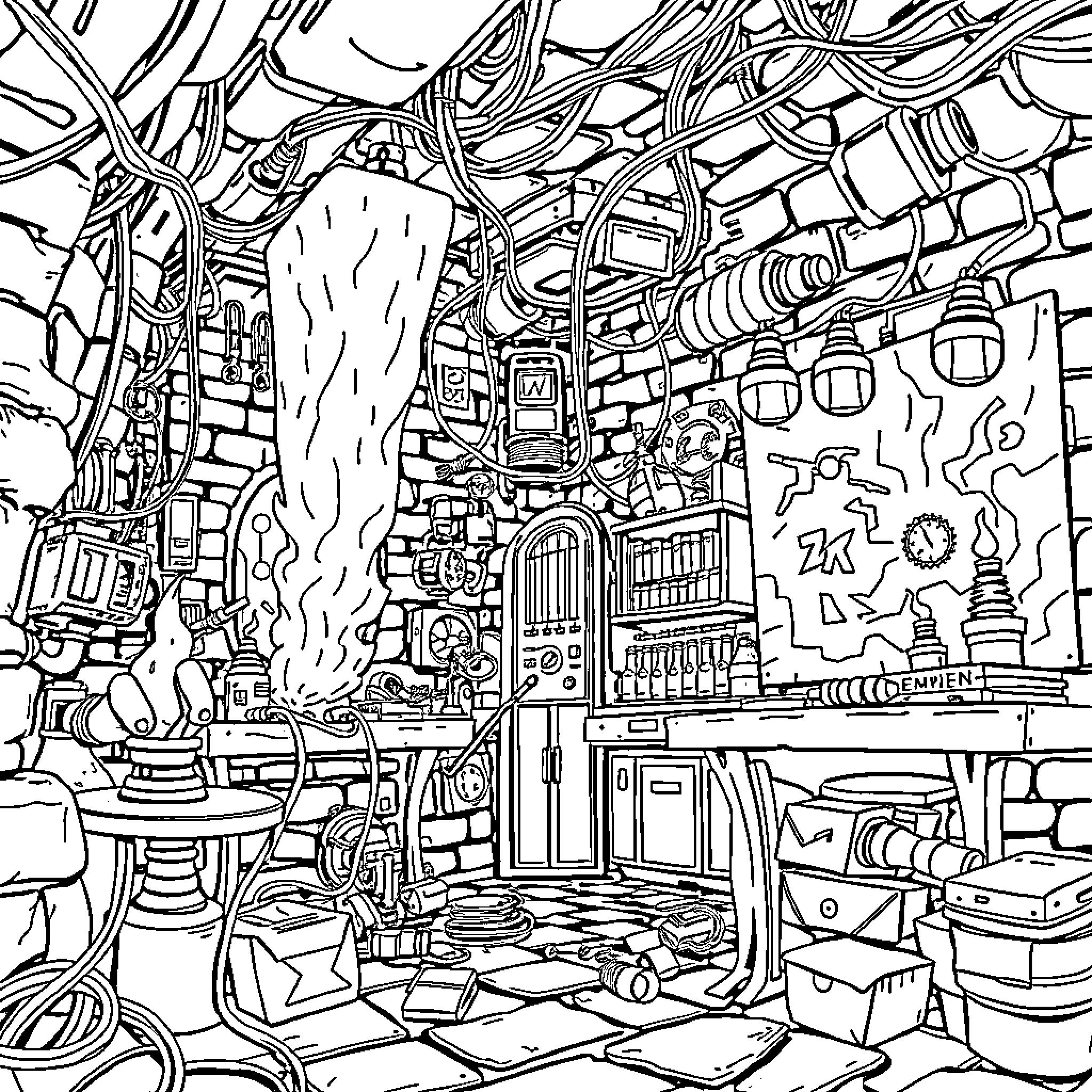 Scientist in a futuristic, cluttered laboratory Coloring Page (free black-and-white line drawing printable PDF for all, from beginners to advanced learners, including children, teens, adults, and seniors)