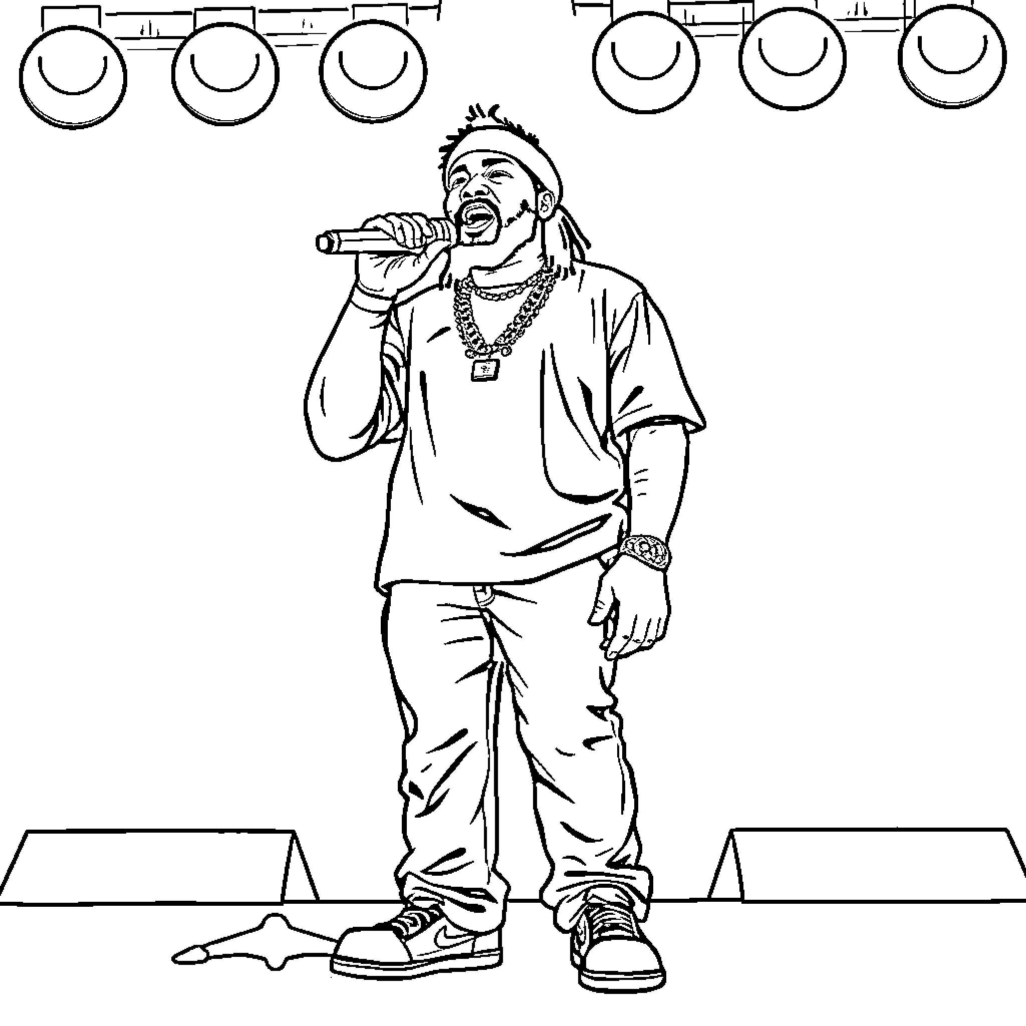 Chief Keef Performing on Stage Coloring Page (free black-and-white line drawing printable PDF for all, from beginners to advanced learners, including children, teens, adults, and seniors)