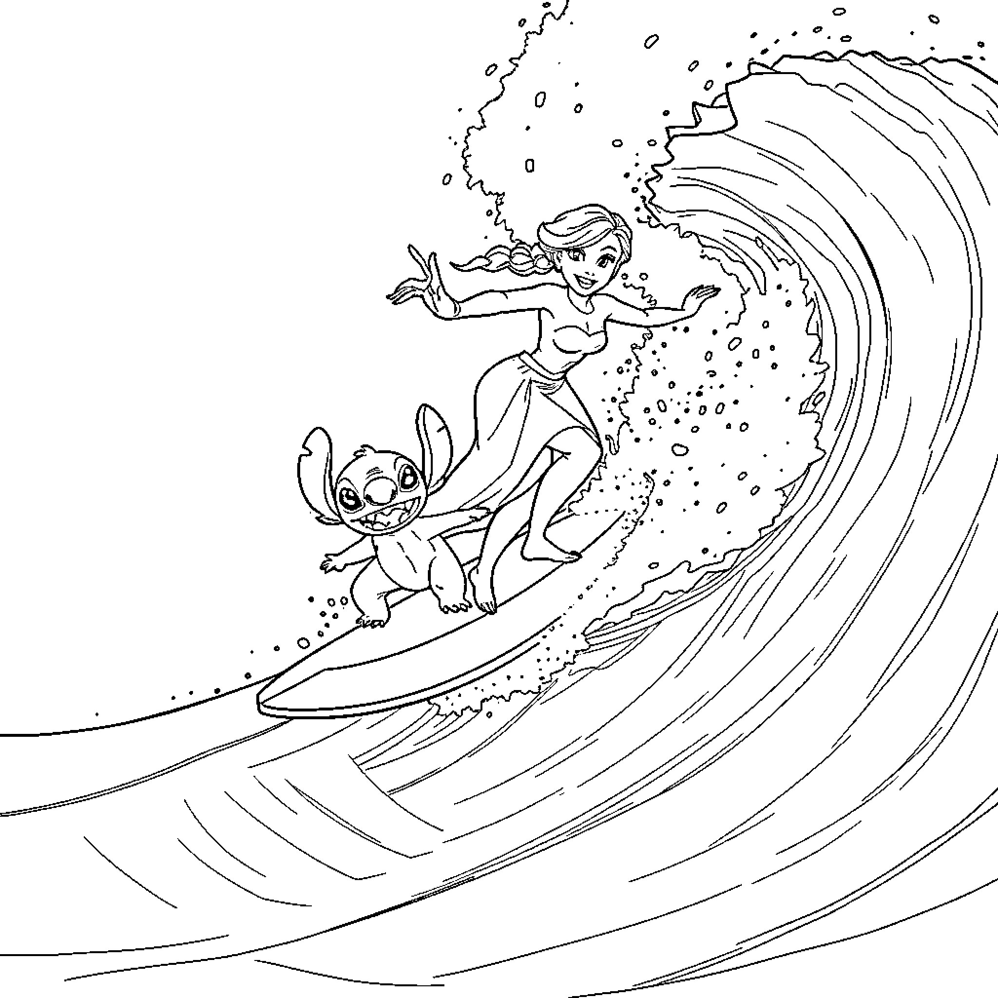 Elsa's Oceanic Adventure with Stitch Coloring Page (free black-and-white line drawing printable PDF for all, from beginners to advanced learners, including children, teens, adults, and seniors)