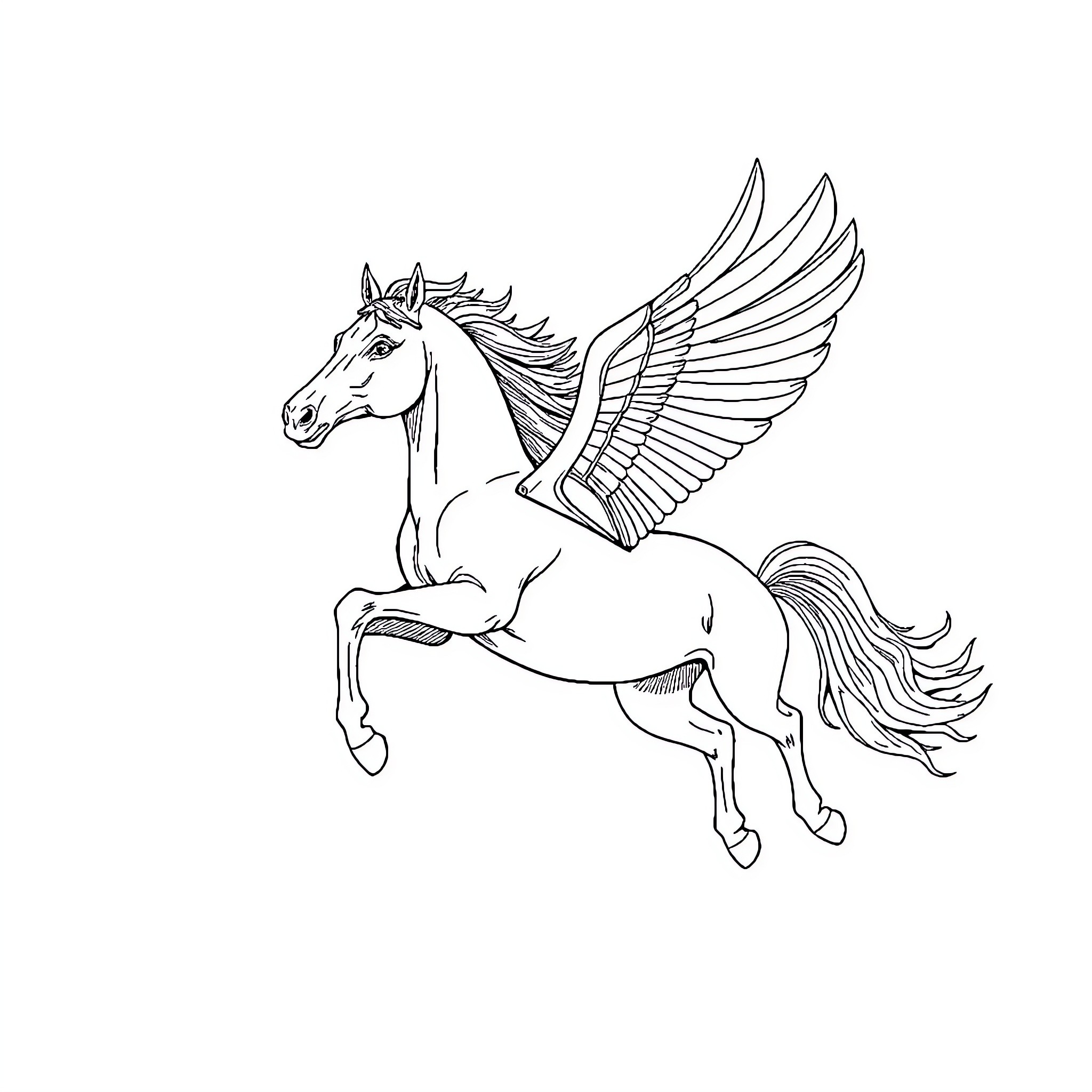 Flying Horse in Majestic Pose Coloring Page (free black-and-white line drawing printable PDF for all, from beginners to advanced learners, including children, teens, adults, and seniors)