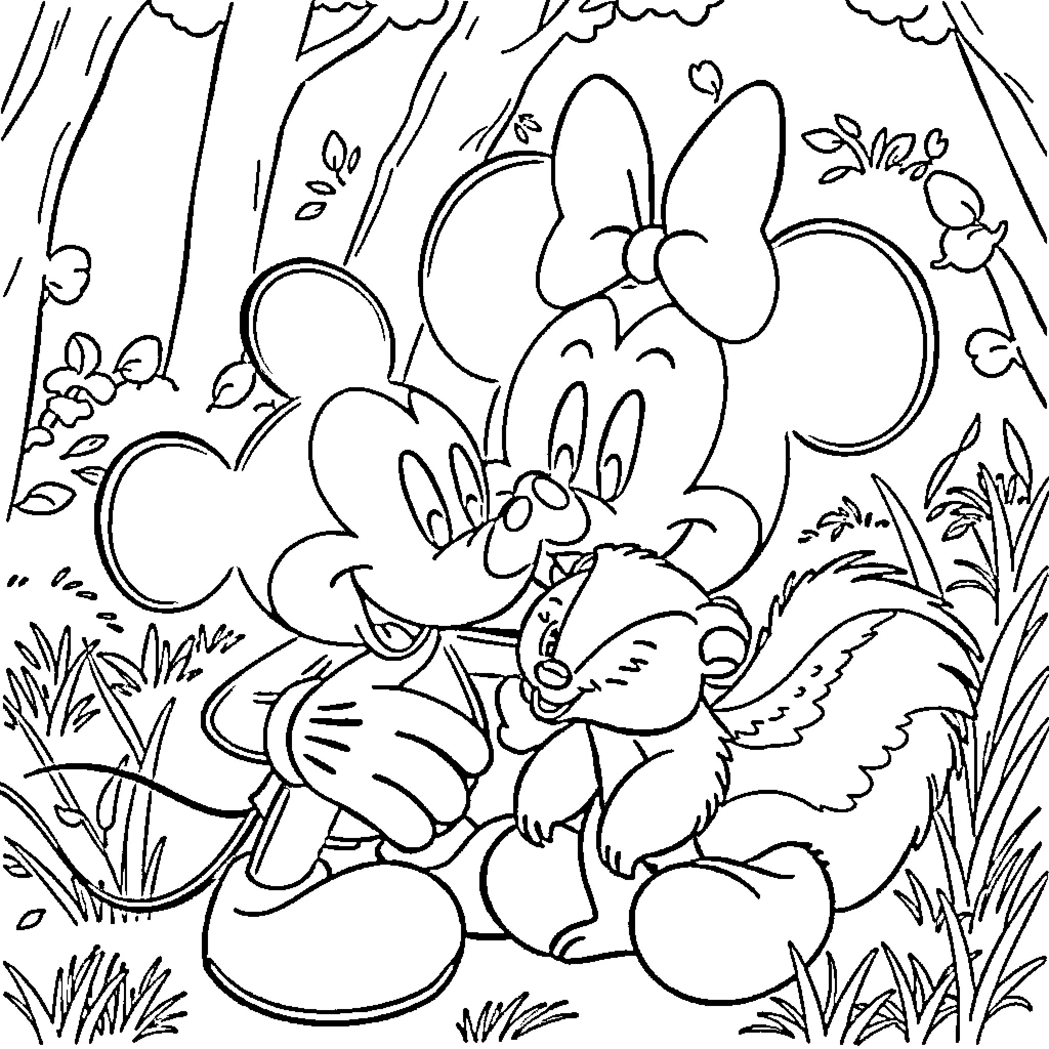 Mickey Mouse and Squirrel Enjoying Nature Coloring Page (free black-and-white line drawing printable PDF for all, from beginners to advanced learners, including children, teens, adults, and seniors)