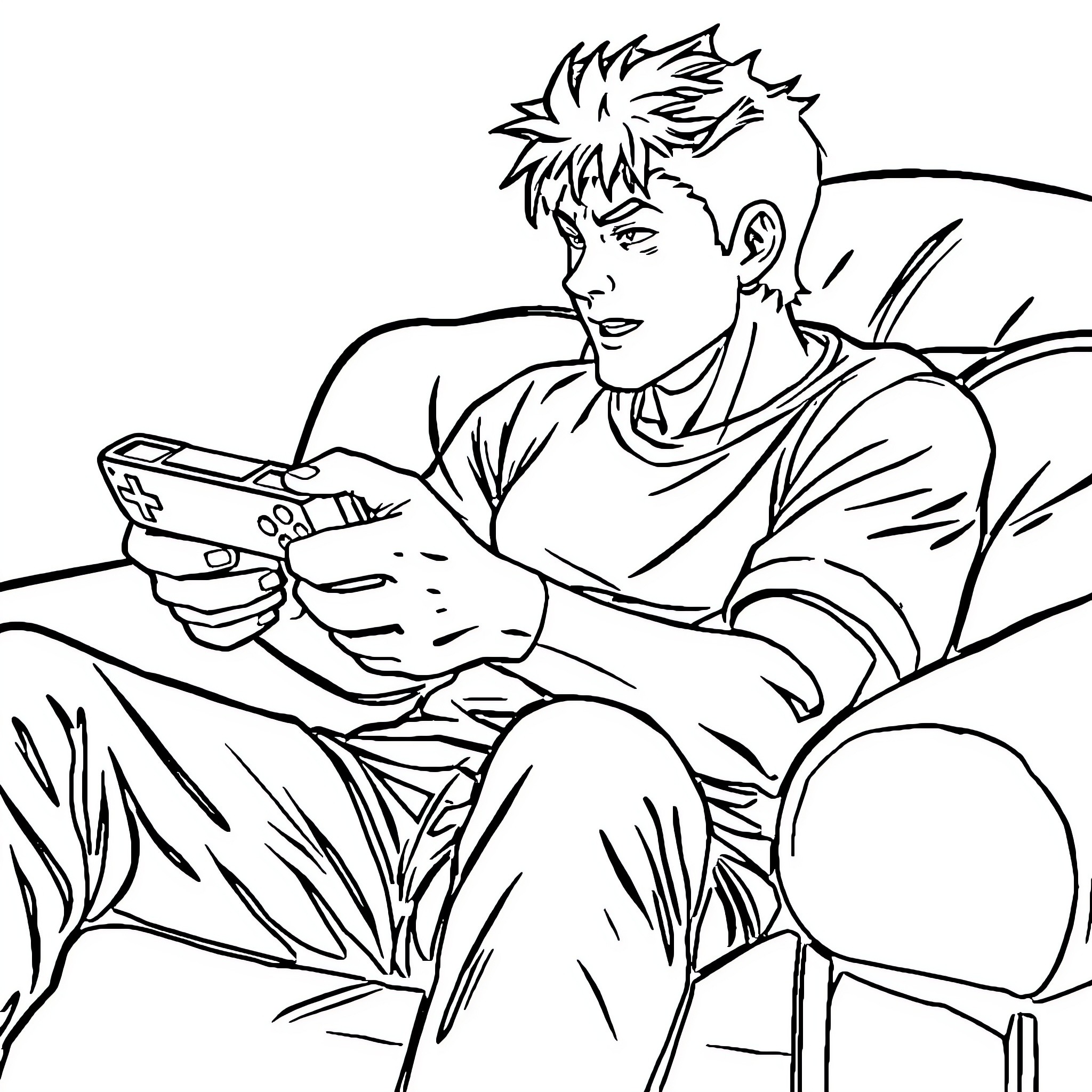 Lider Uno enjoying gaming on his handheld device Coloring Page (free black-and-white line drawing printable PDF for all, from beginners to advanced learners, including children, teens, adults, and seniors)