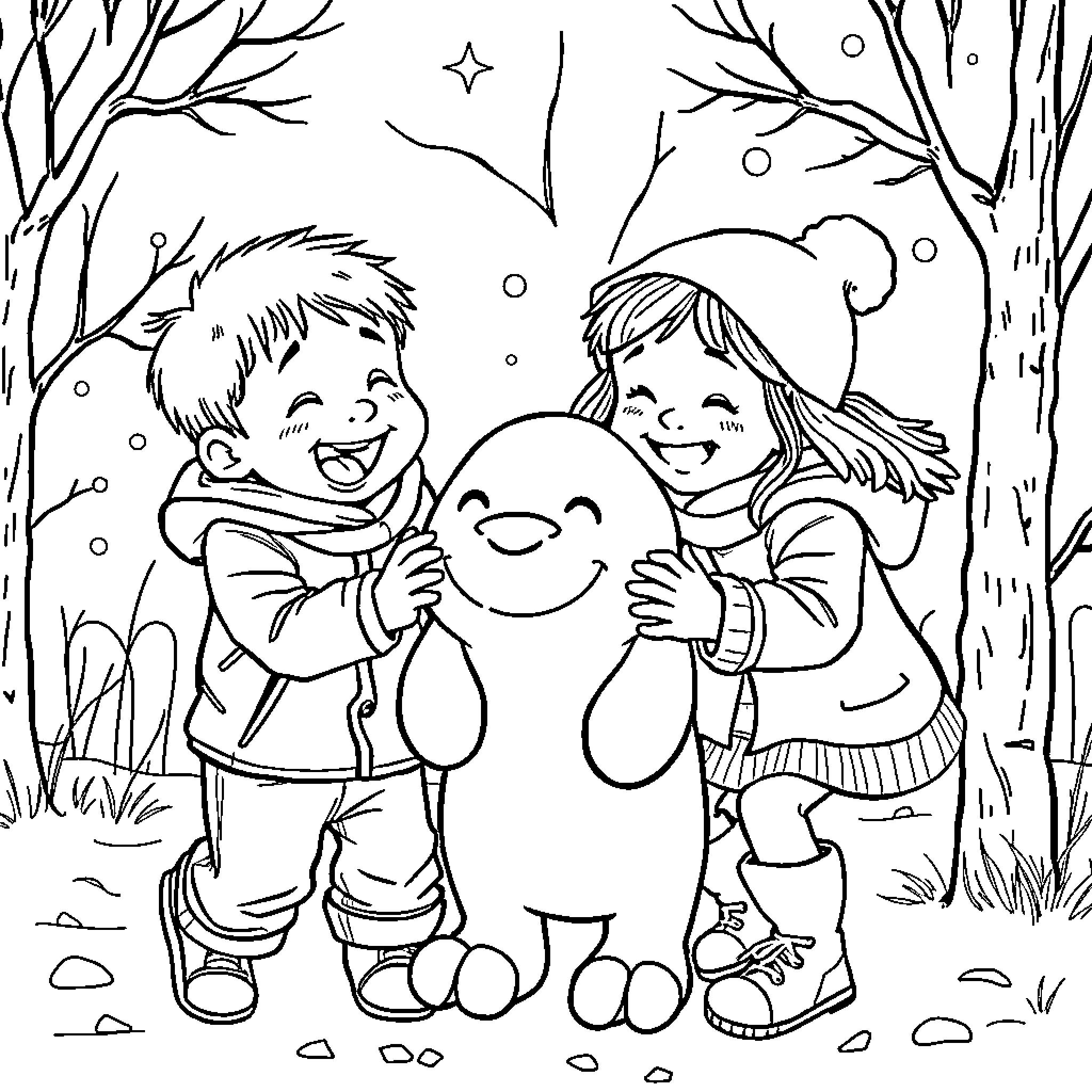 Tió and the Cheerful Children in the Winter Wonderland Coloring Page (free black-and-white line drawing printable PDF for all, from beginners to advanced learners, including children, teens, adults, and seniors)